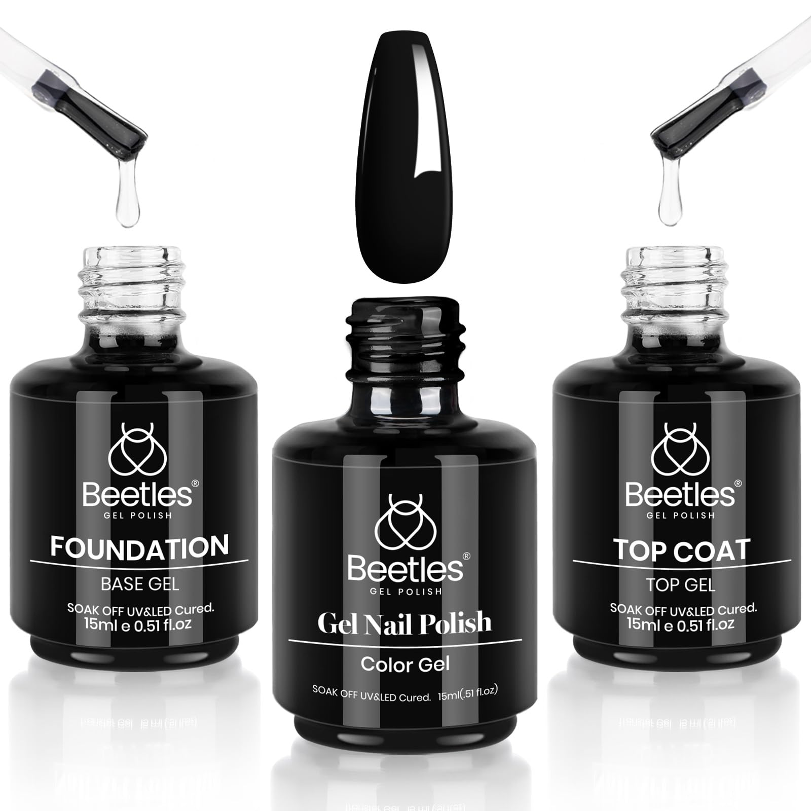 Beetles Gel Polish 3-Piece Set: No-Wipe Top Coat, Base Coat & Audrey Black – 28+ Day Shine
