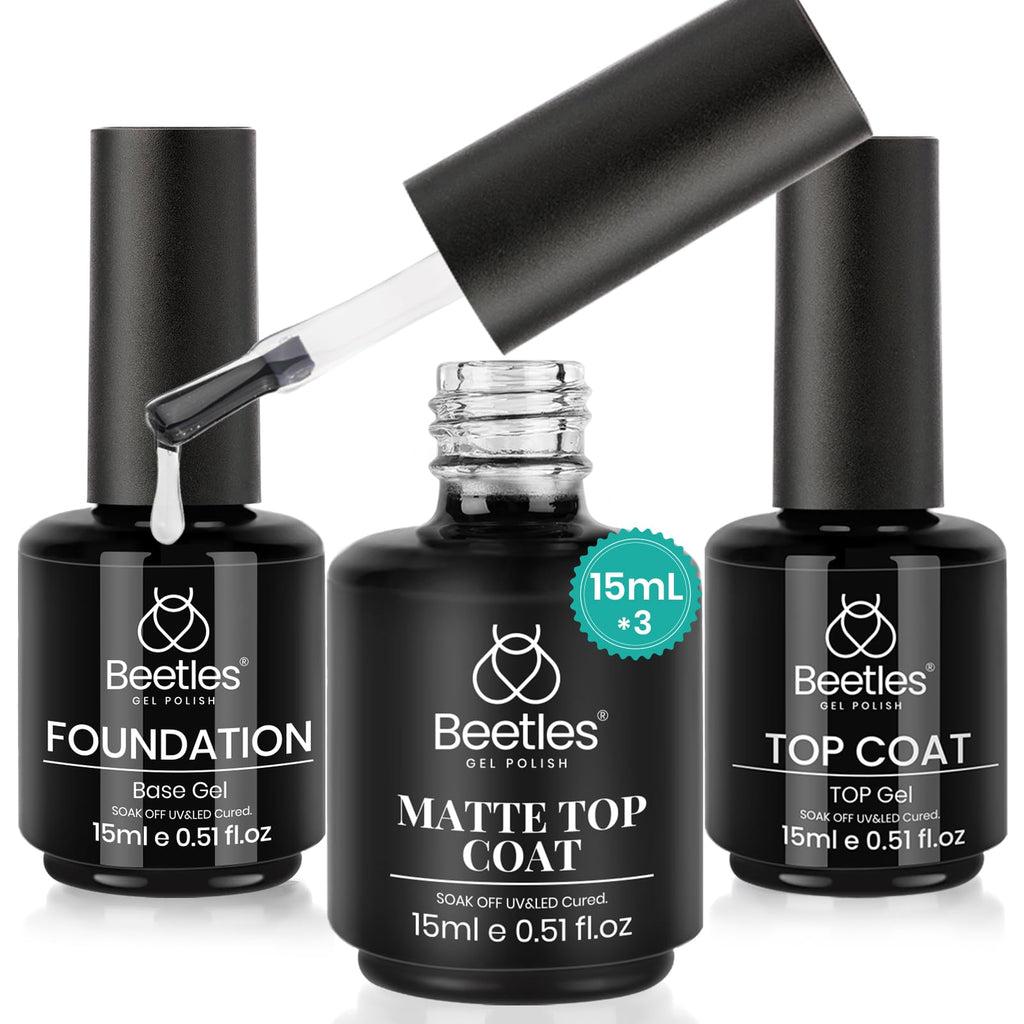 Beetles Matte Gel Top Coat No Wipe Set – 3x15ml Gel Nail Polish & Base Coat
