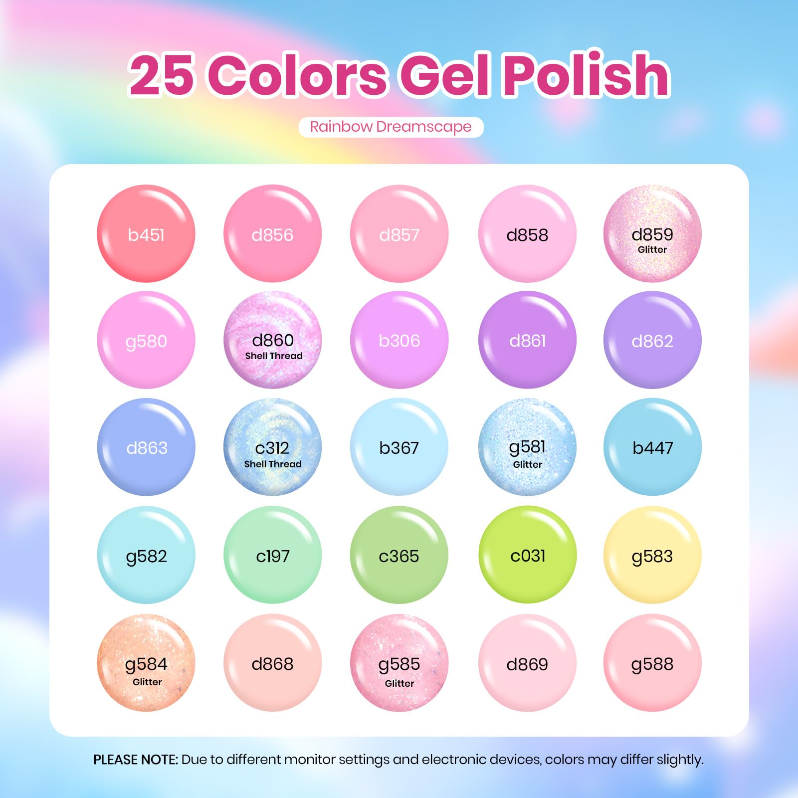 Beetles Spring Gel Nail Polish Set – Rainbow Dreamscape (25 Colors) with Base & Top Coat