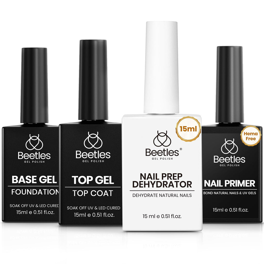 Beetles 4Pcs Gel Nail Prep Set: Base Coat, Top Coat, Dehydrator & Primer (Acid-Free, HEMA-Free) for Gel & Acrylic – Long-Lasting Professional Prep