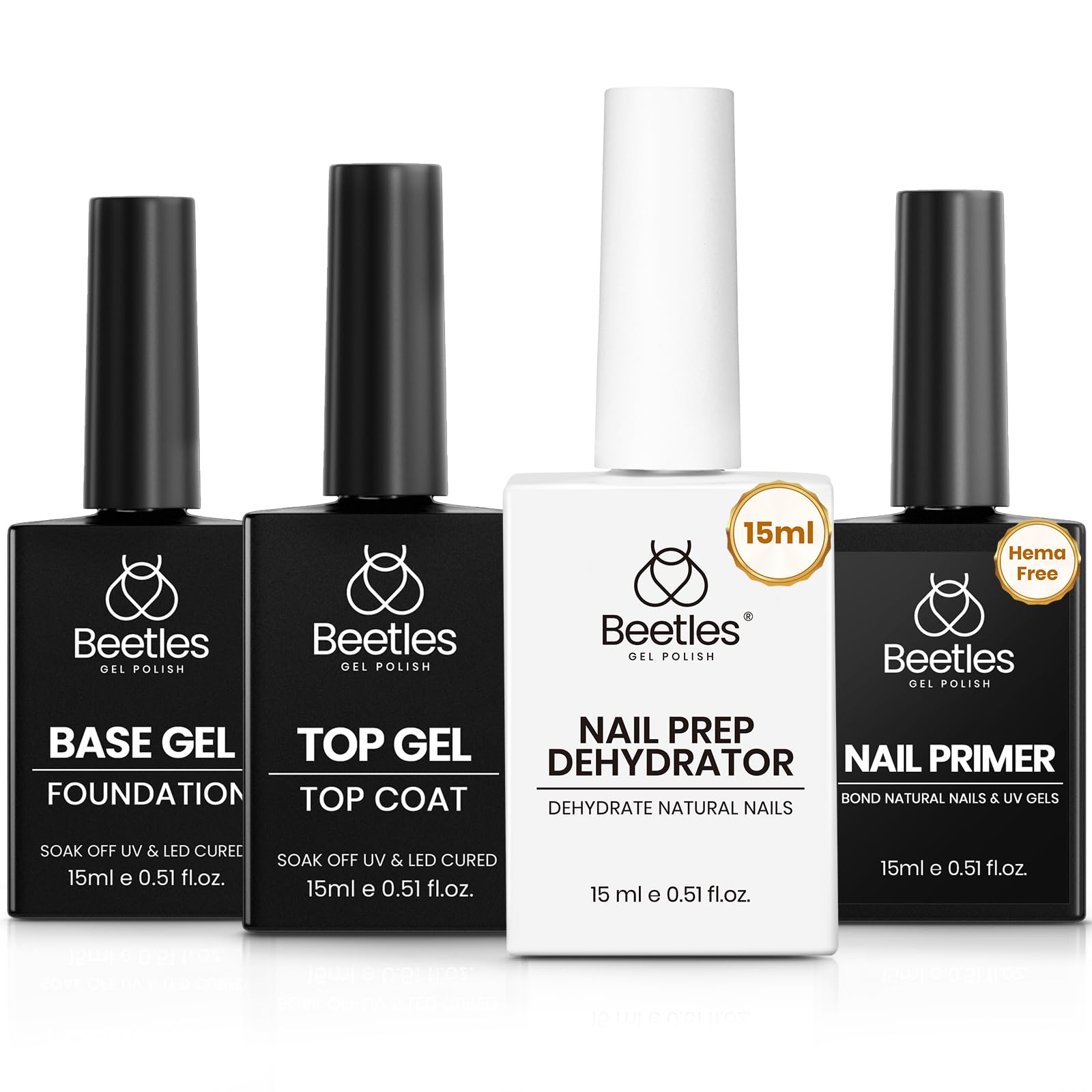 Beetles 4Pcs Gel Nail Prep Set: Base Coat, Top Coat, Dehydrator & Primer (Acid-Free, HEMA-Free) for Gel & Acrylic – Long-Lasting Professional Prep