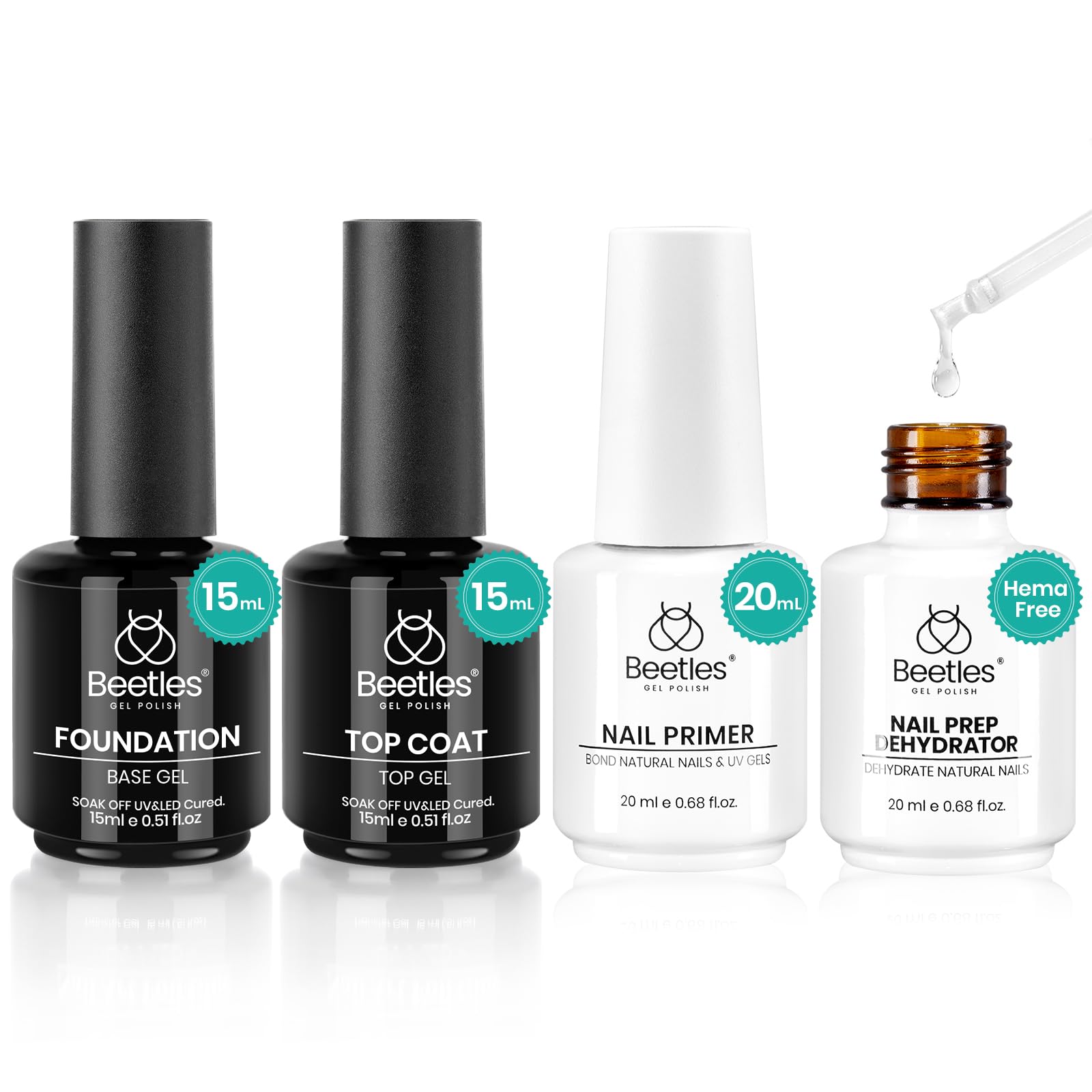 Beetles Base Coat & Top Coat Kit with Nail Dehydrator & Primer – HEMA-Free, Acid-Free Nail Prep
