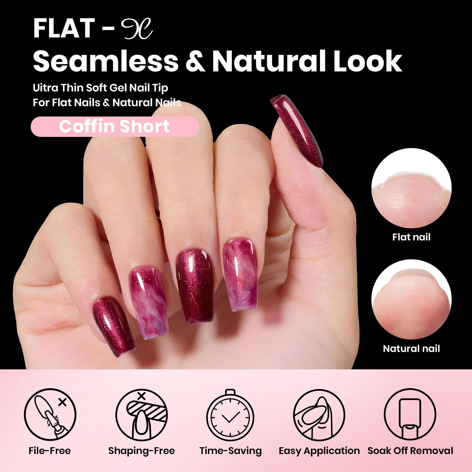 Beetles Gel Nail Kit Flat-X Coffin Short 320pcs | DIY Nail Extensions with Glue Gel, Base & Top Coat, Mini Lamp