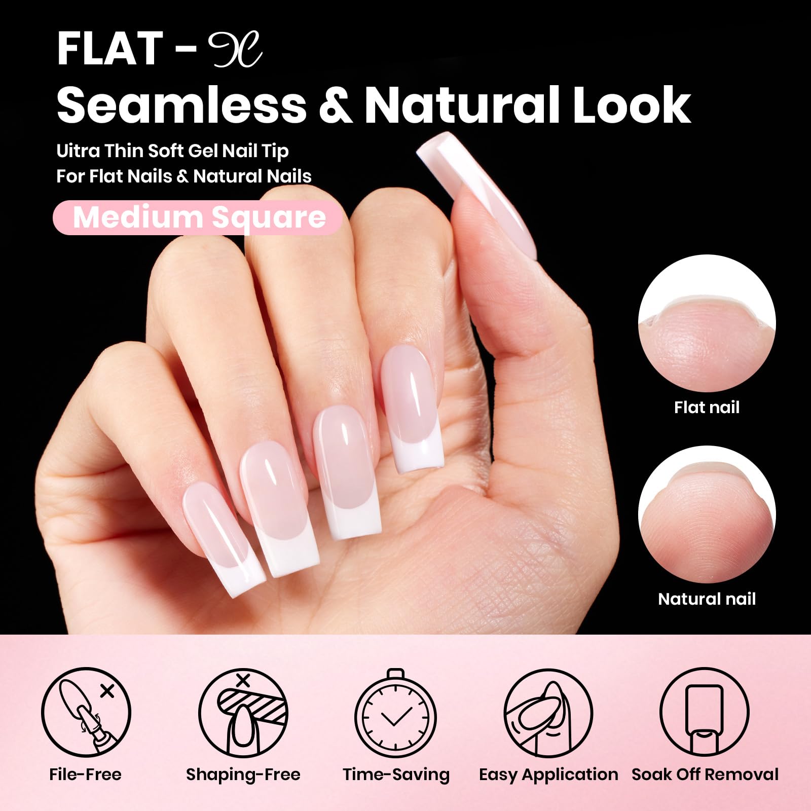 Beetles Gel Nail Kit Flat-X Square Medium – 320 Tips, Glue Gel, Base & Top Coats, Mini Lamp