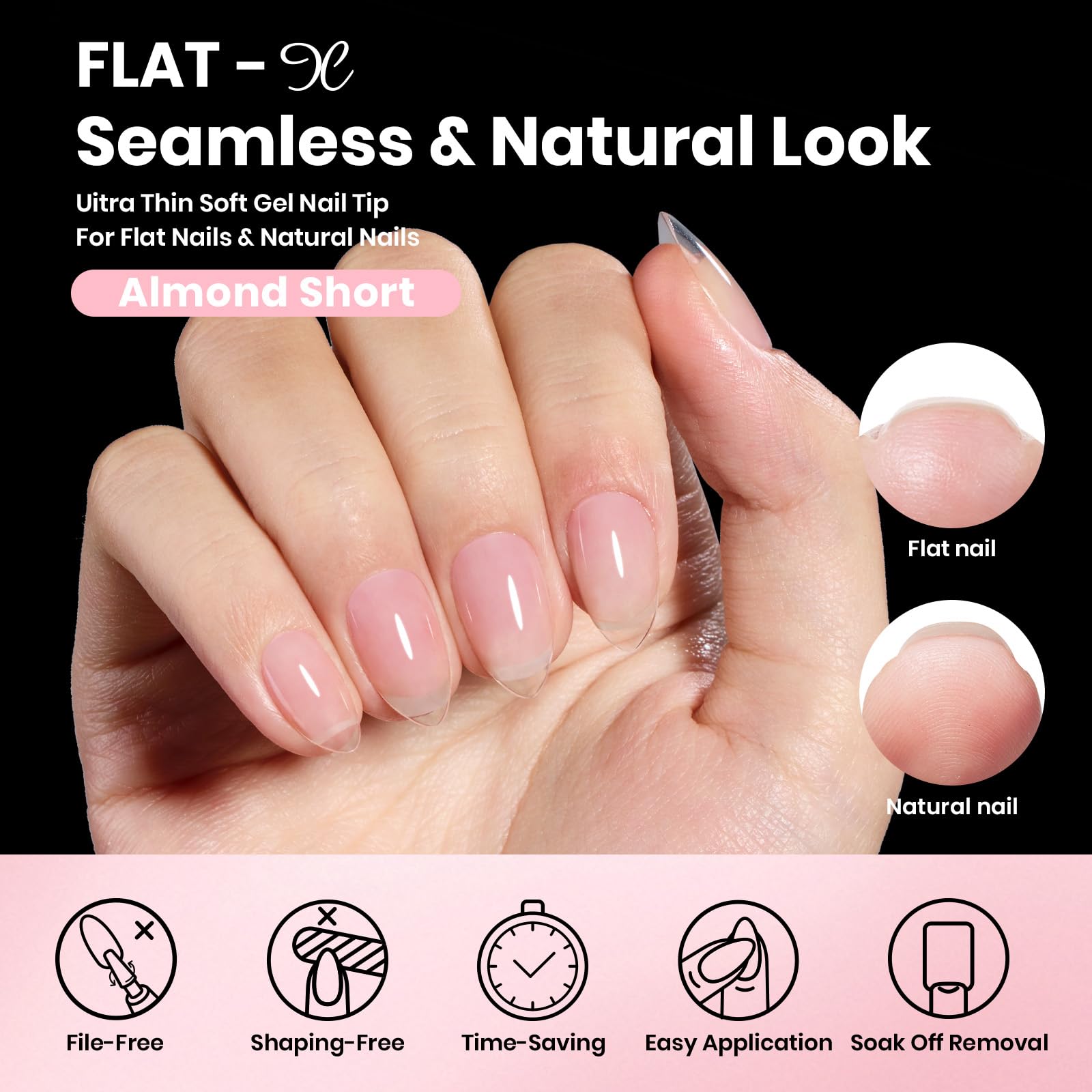 Beetles Gel Nail Kit Flat-X Almond Short – 320pc Tips, 15g Glue Gel, Base & Top Coat, Mini UV Lamp