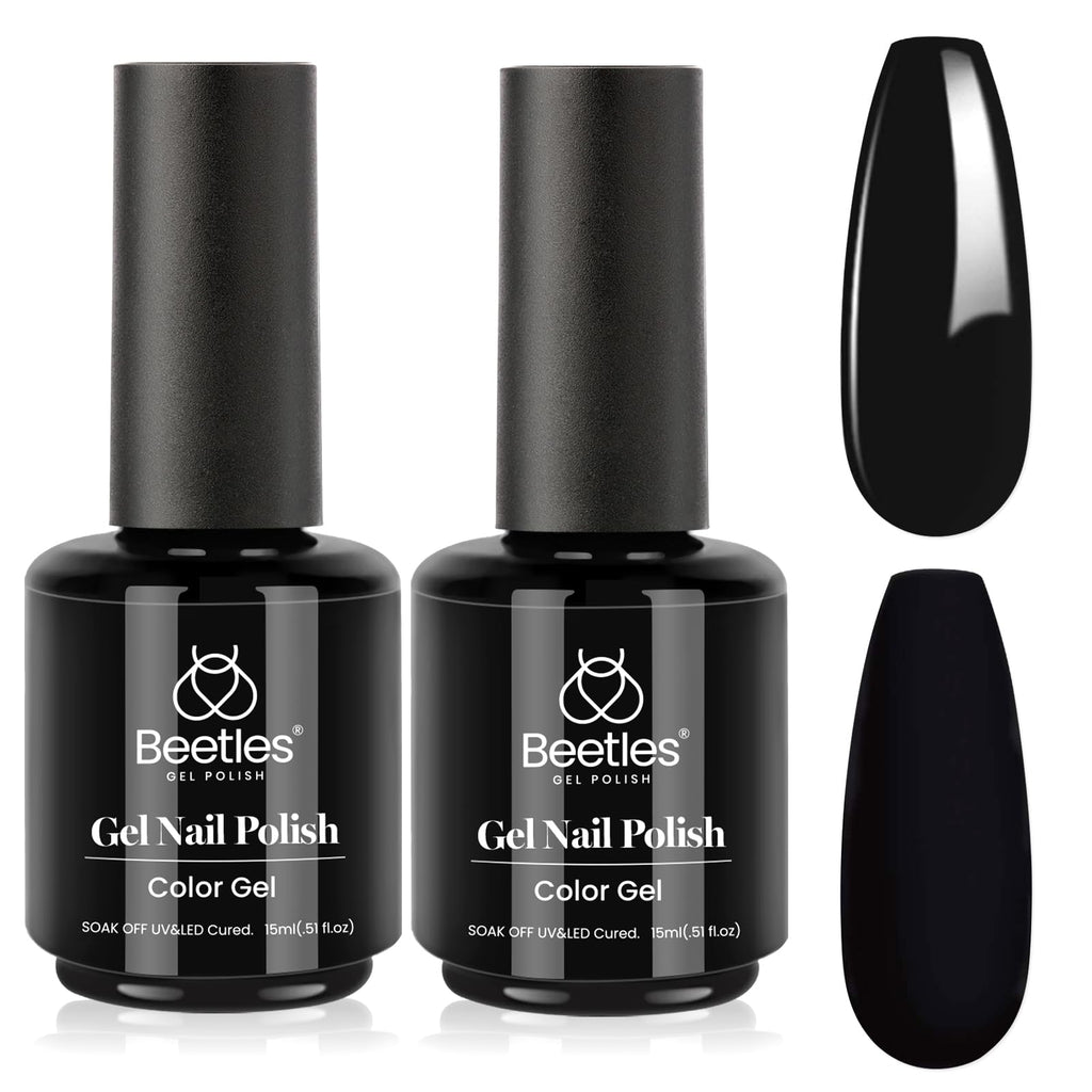Beetles Black Gel Polish 2-Pack — 15ml Each | Pure Black Soak-Off UV Nail Polish, Long Nights Collection