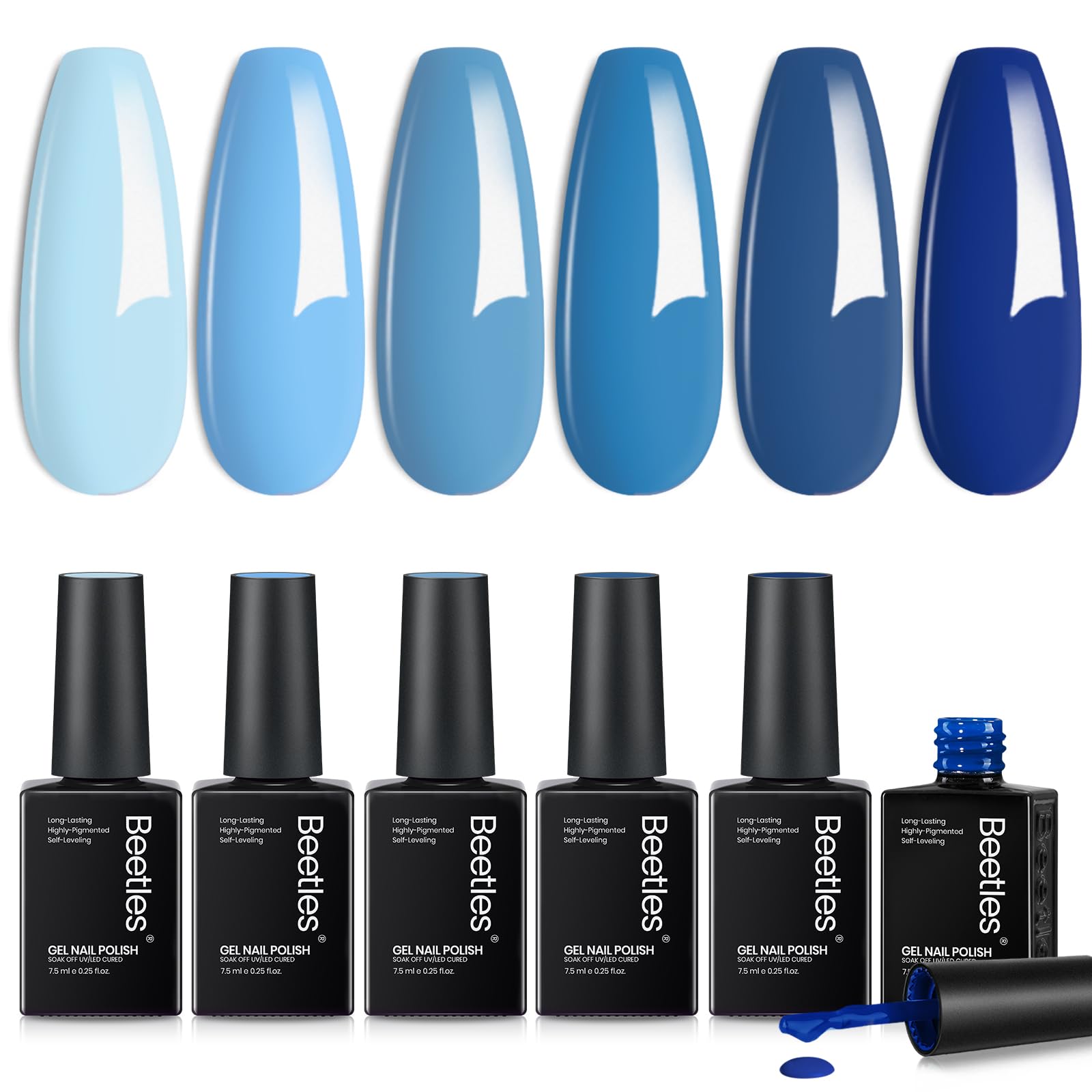 Beetles Blue Gel Polish Set – 6 Ocean-Blue Colors (7.5ml each) | UV/LED, Soak Off
