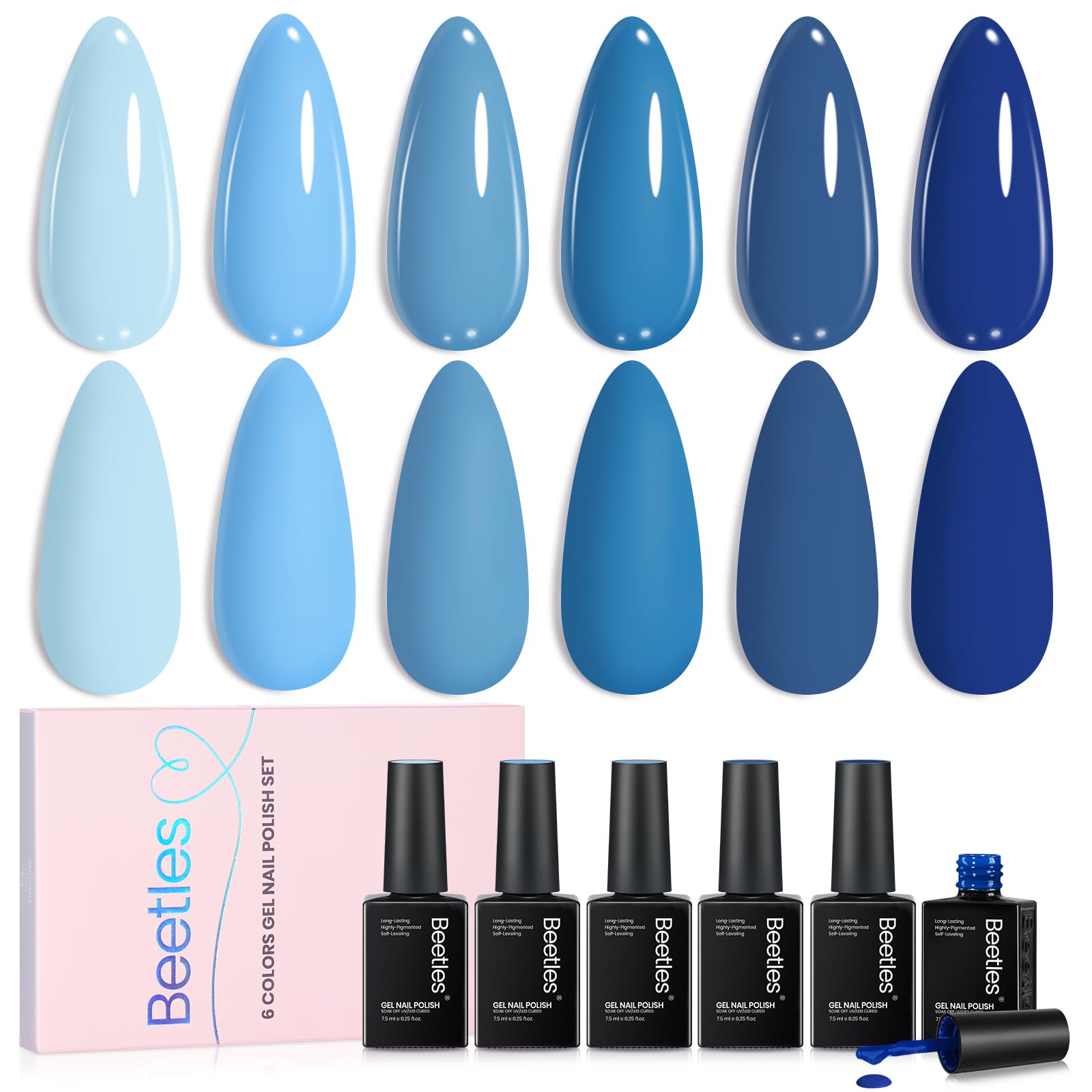Beetles Blue Gel Polish Set – 6 Ocean-Blue Colors (7.5ml each) | UV/LED, Soak Off