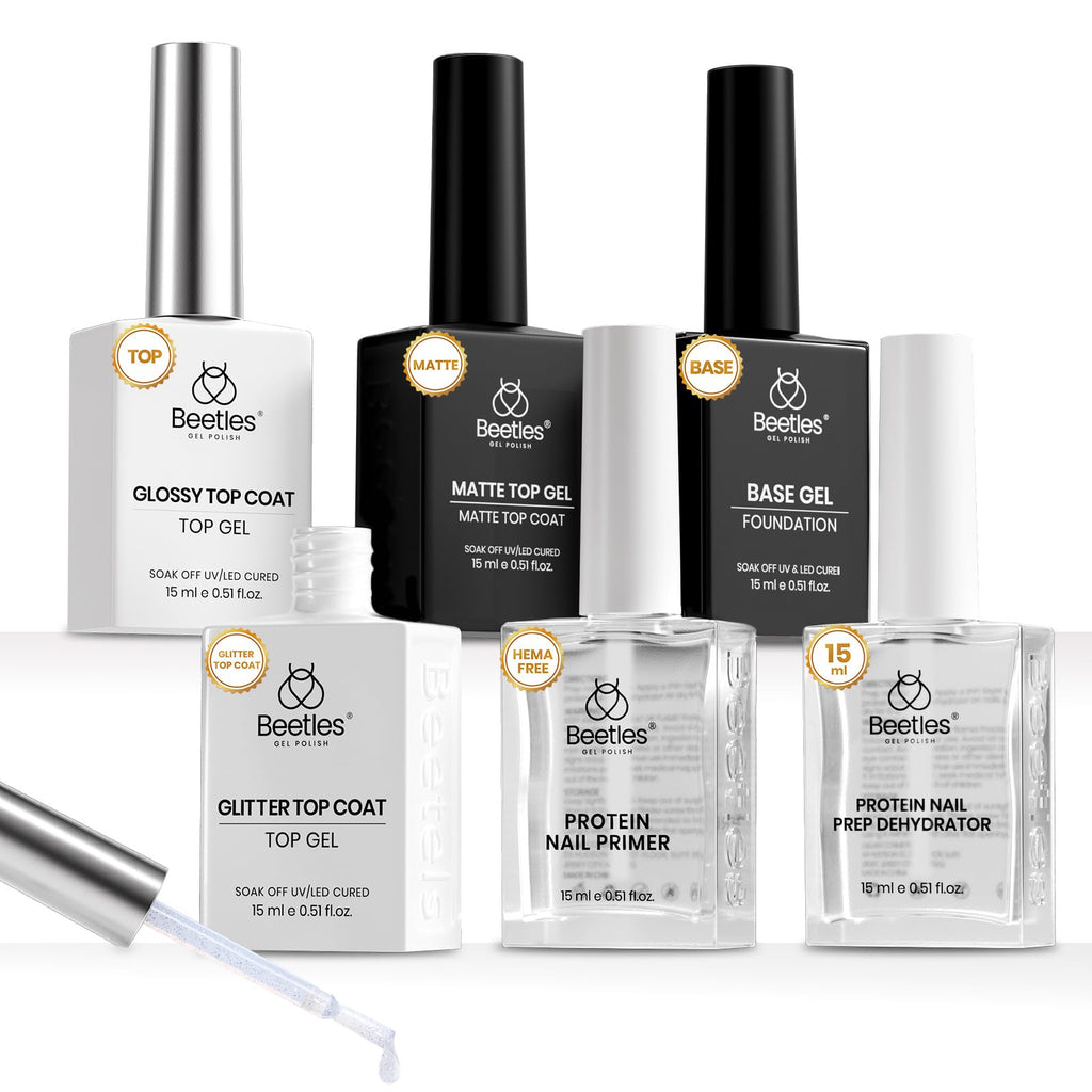 Beetles 6-Pcs 15ml Glossy & Matte Gel Top & Base Coat Set with Dehydrator, Keratin Primer, Acid-Free & HEMA-Free