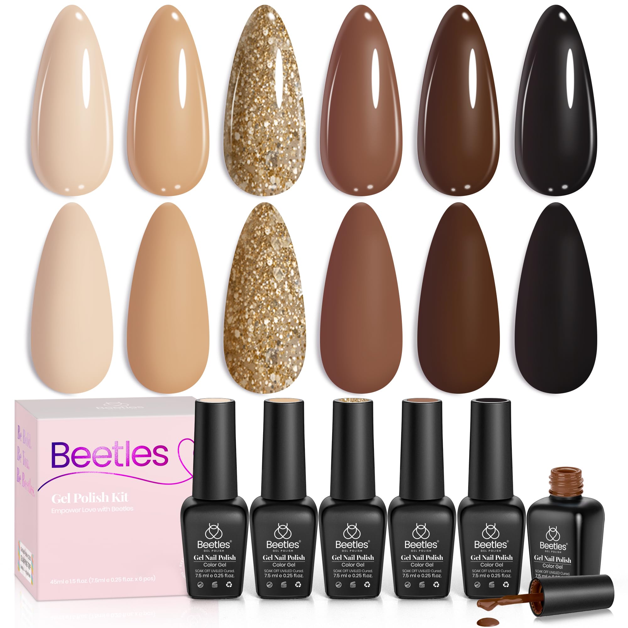 Beetles Brown Gel Polish – 6 Warm Browns & Gold Glitter (Roasted Chestnuts Collection)