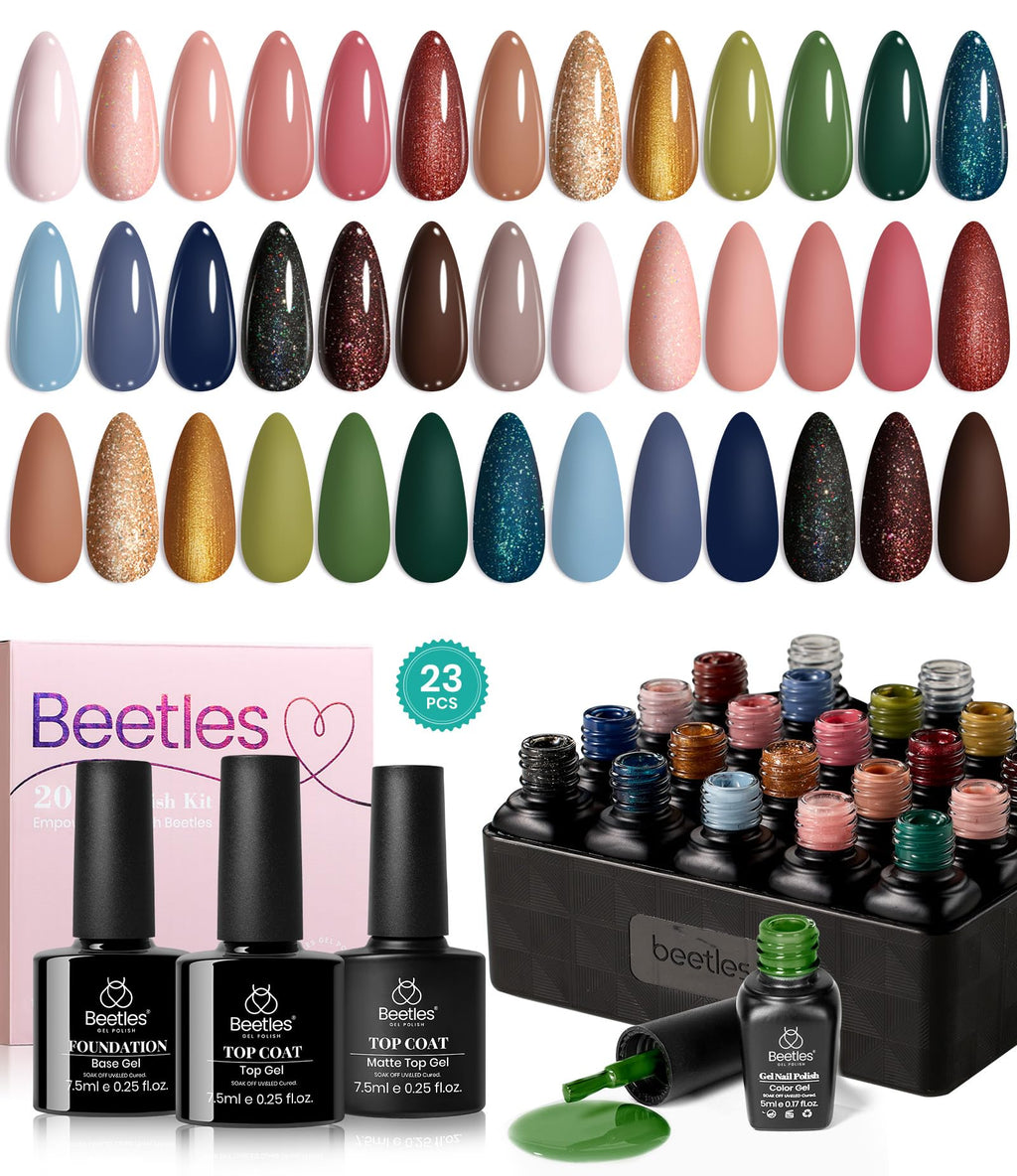Beetles Brown Gel Polish Set – 20 Shades Nude & Glitter with Base & Top Coats