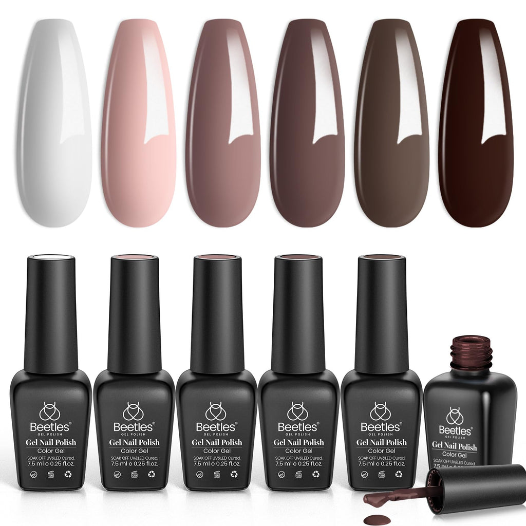 Beetles Brown Gel Polish Set – 6 Colors: Caramel Cappuccino, Coffee Brown, White, Neutral Pink, Nude – Soak Off UV/LED