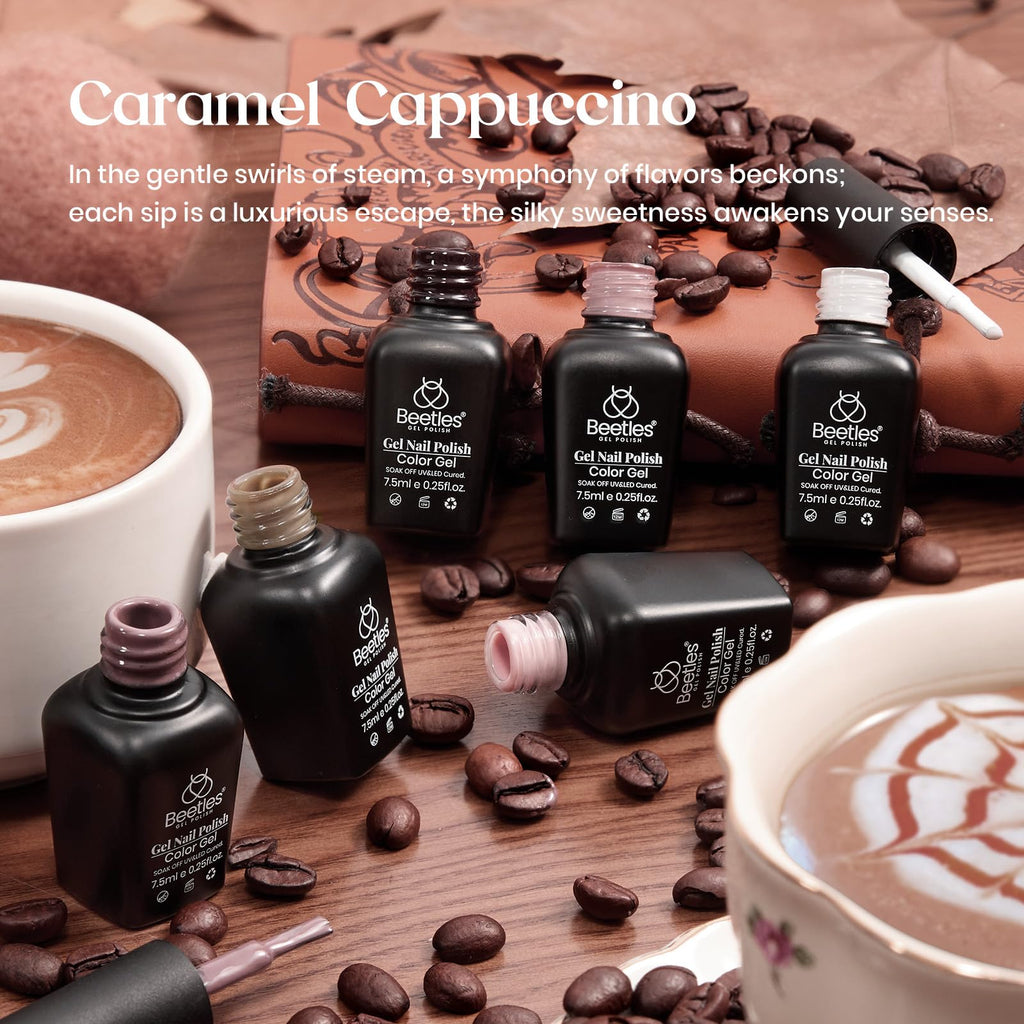 Beetles Brown Gel Polish Set – 6 Colors: Caramel Cappuccino, Coffee Brown, White, Neutral Pink, Nude – Soak Off UV/LED