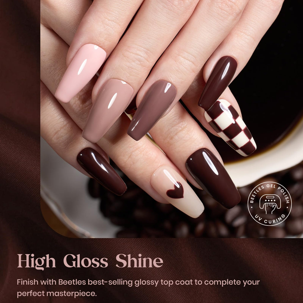 Beetles Brown Gel Polish Set – 6 Colors: Caramel Cappuccino, Coffee Brown, White, Neutral Pink, Nude – Soak Off UV/LED
