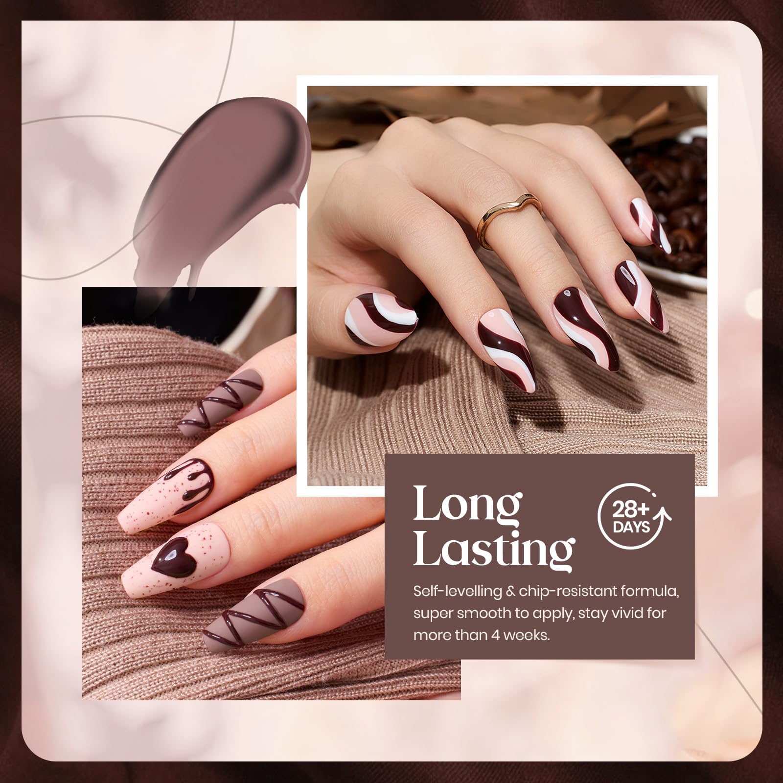 Beetles Brown Gel Polish Set – 6 Colors: Caramel Cappuccino, Coffee Brown, White, Neutral Pink, Nude – Soak Off UV/LED