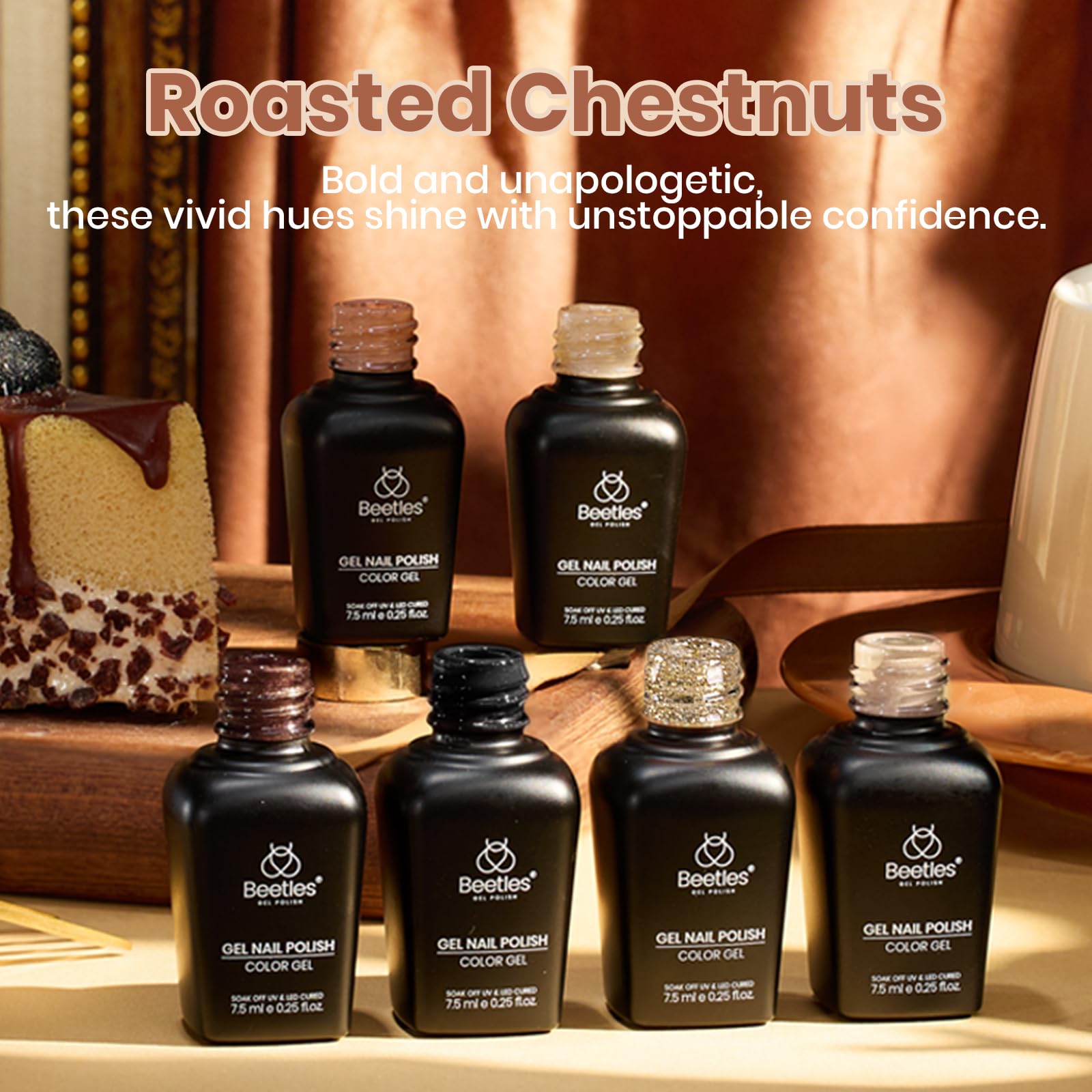 Beetles Brown Gel Polish – 6 Warm Browns & Gold Glitter (Roasted Chestnuts Collection)