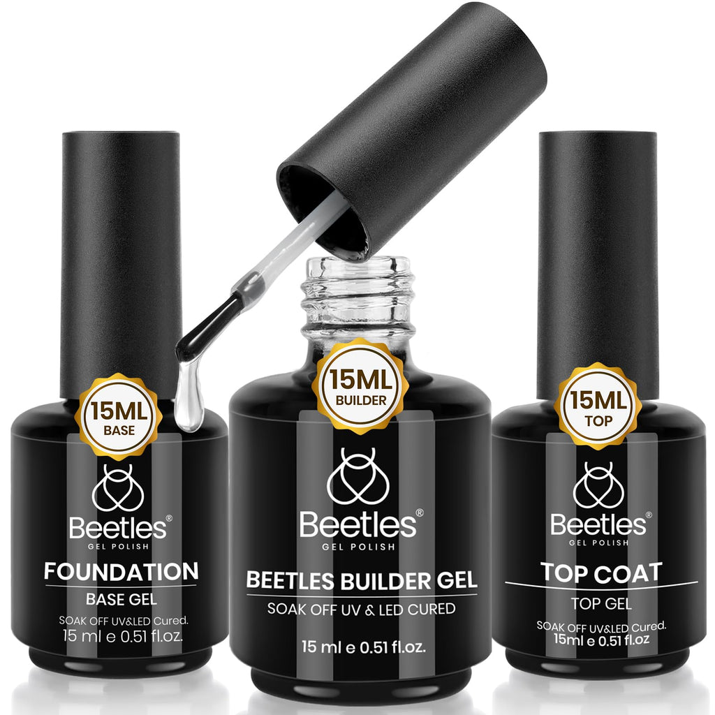 Beetles Builder Gel Kit 15ml 3Pcs with No-Wipe Top Coat & Base Coat for Nail Extensions