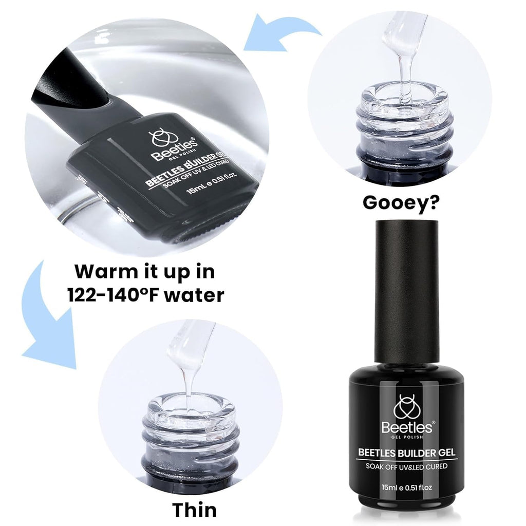 Beetles Builder Gel Kit Dew Glow – 2 x 0.51oz Clear Builder Gels + Liner Brush, 8-in-1 Nail Extension for DIY at Home