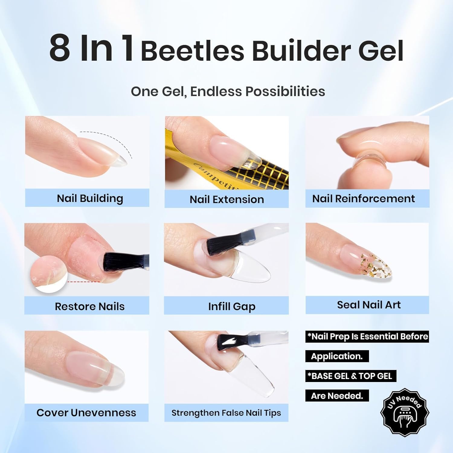 Beetles Builder Gel Kit Dew Glow – 2 x 0.51oz Clear Builder Gels + Liner Brush, 8-in-1 Nail Extension for DIY at Home