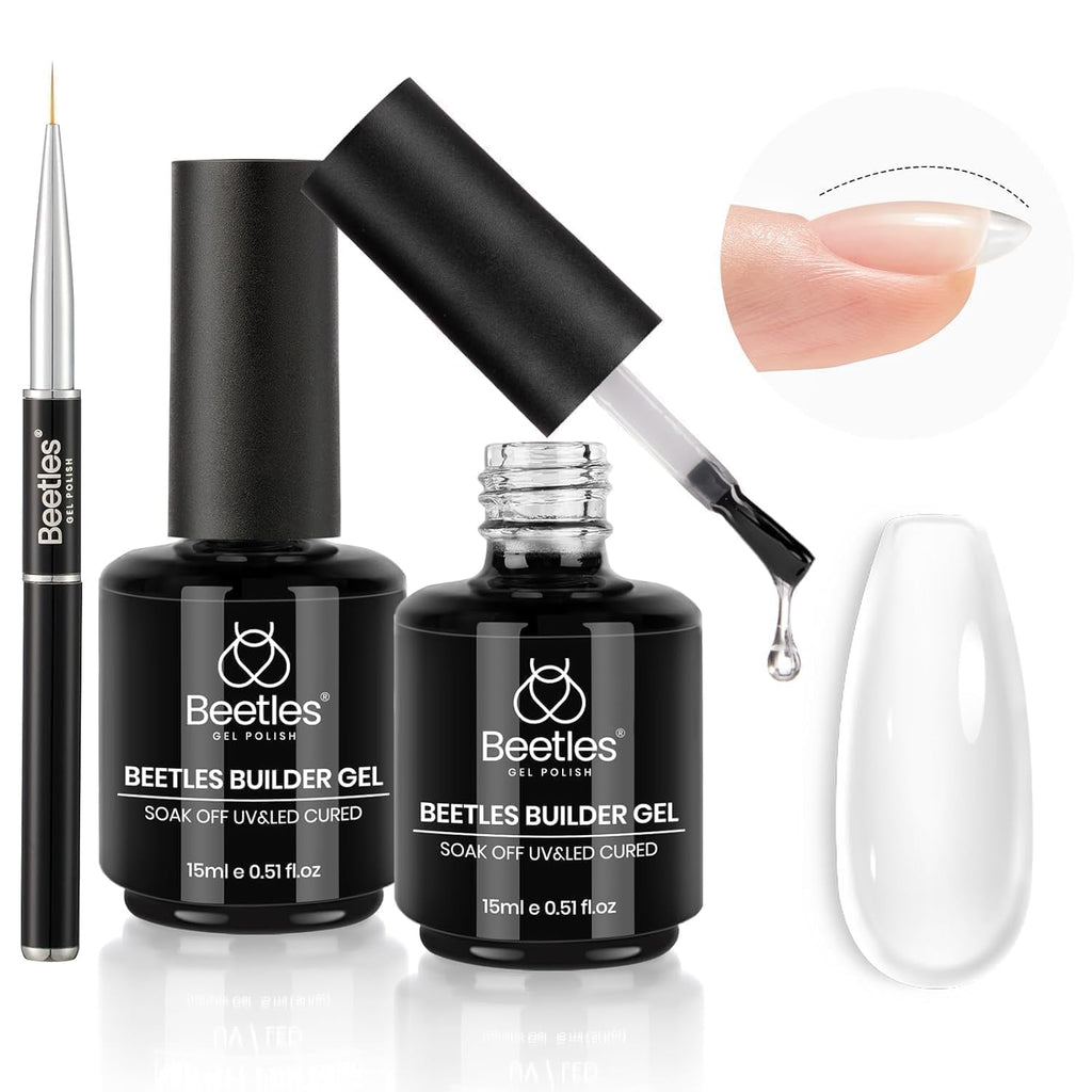 Beetles Builder Gel Kit Dew Glow – 2 x 0.51oz Clear Builder Gels + Liner Brush, 8-in-1 Nail Extension for DIY at Home