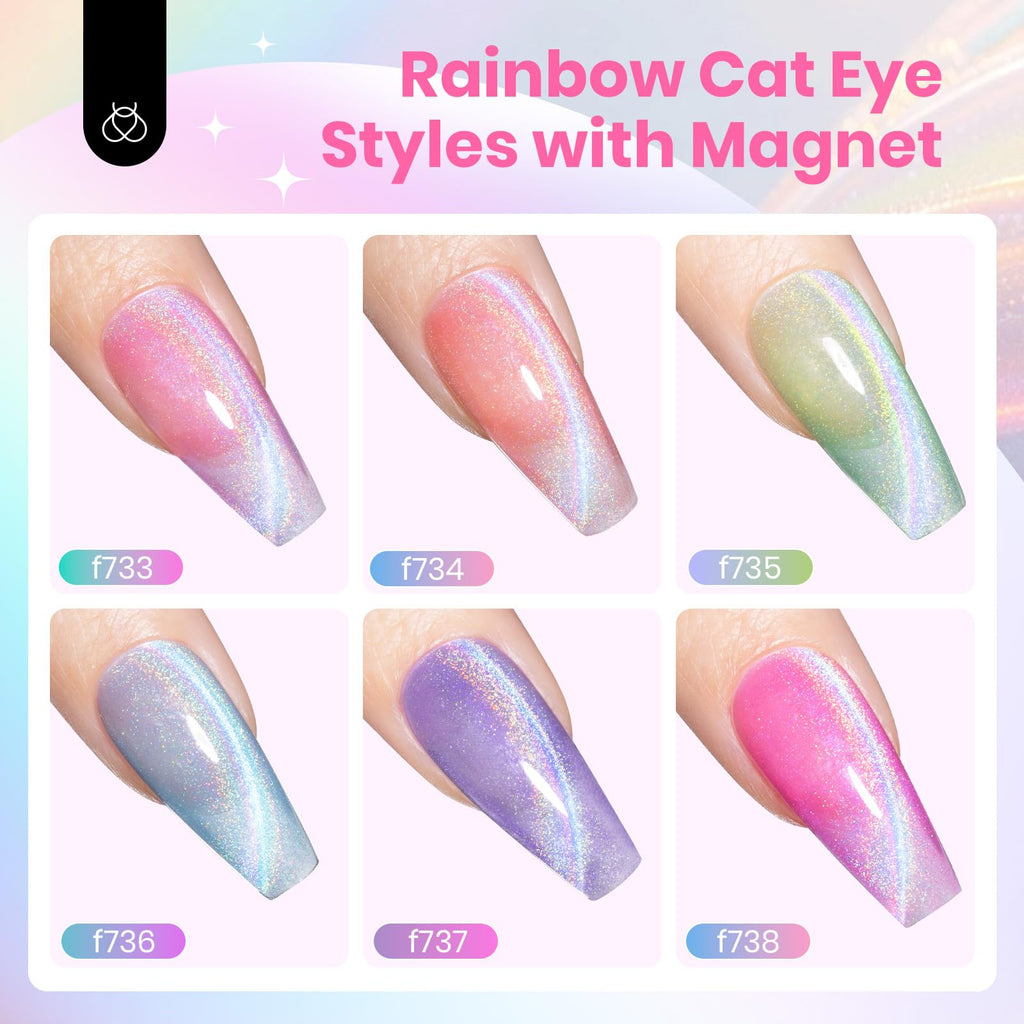 Beetles Cat Eye Gel Nail Polish Set – 6 Rainbow Colors with Magnetic Effect | Soak Off UV Gel