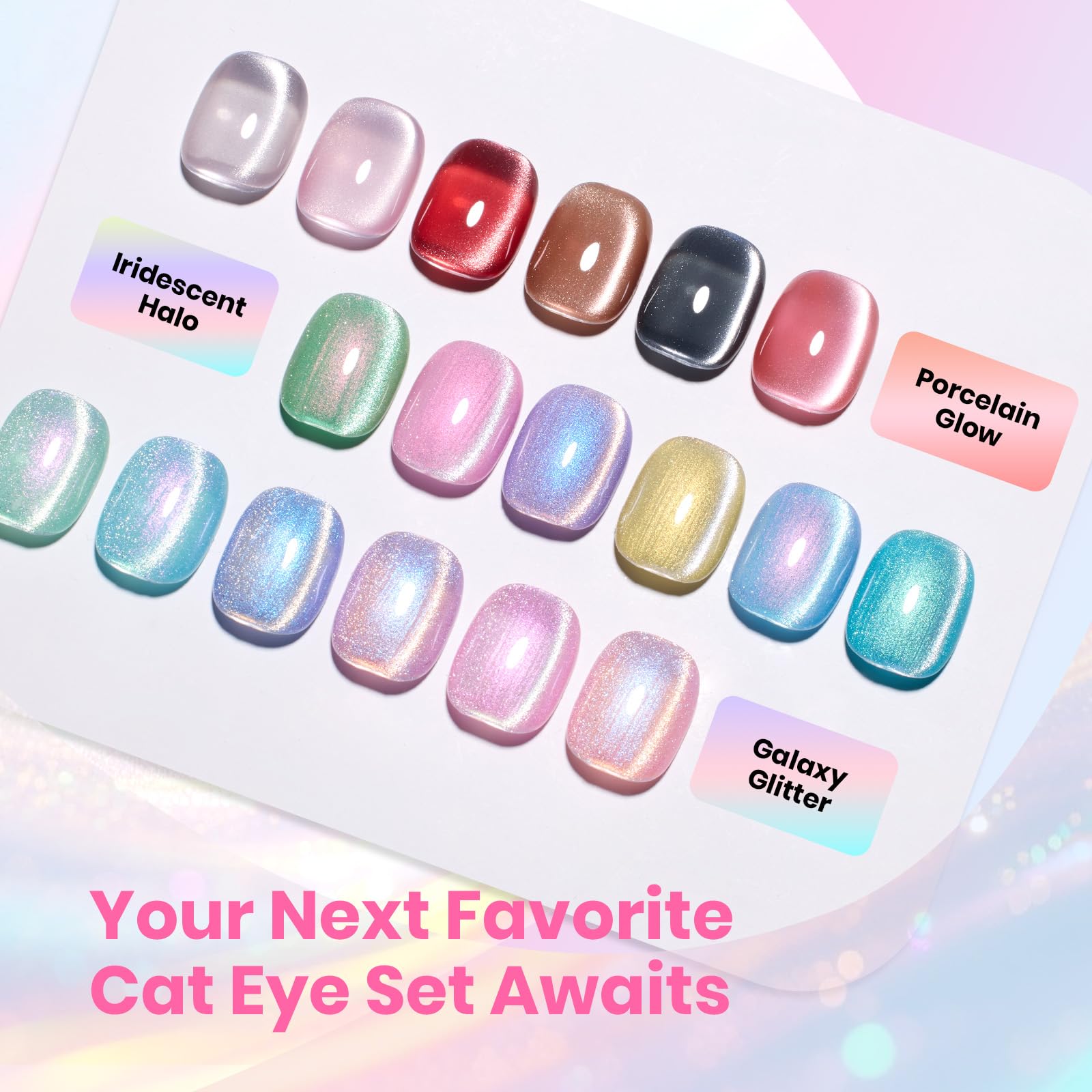 Beetles Cat Eye Gel Nail Polish Set – 6 Rainbow Colors with Magnetic Effect | Soak Off UV Gel