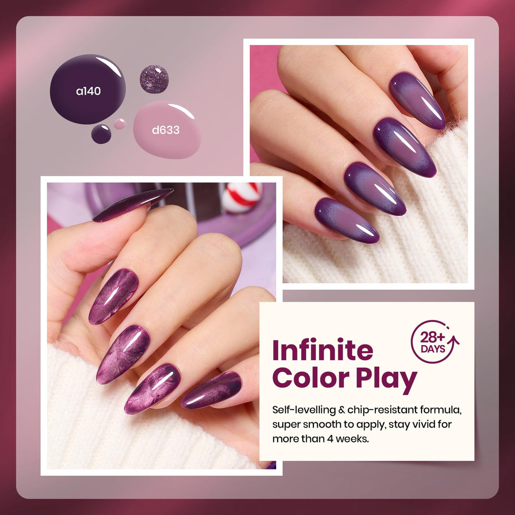 Beetles Purple Gel Nail Polish Set – 6 Colors (Muse of Midnight) | Cat Eye Glitter, UV/LED, Soak Off