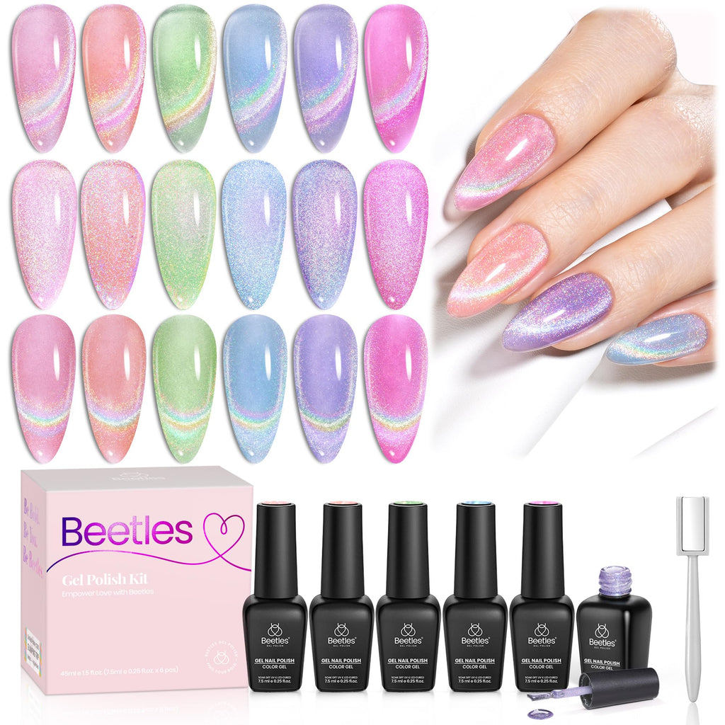 Beetles Cat Eye Gel Nail Polish Set – 6 Rainbow Colors with Magnetic Effect | Soak Off UV Gel