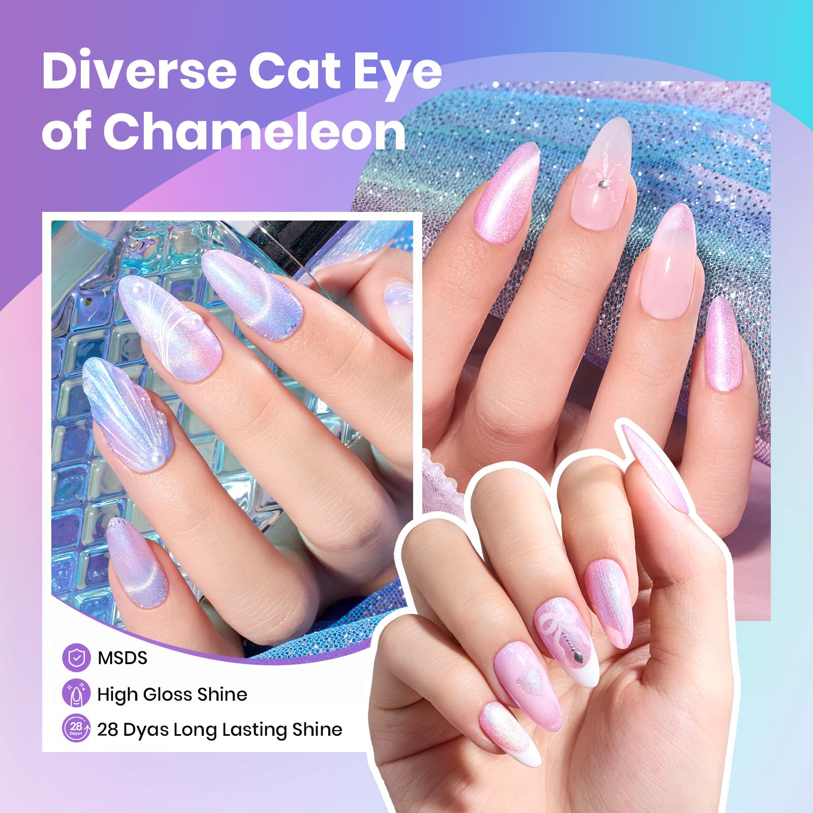 Beetles Cat Eye Gel Nail Polish Set - 6 Colors Summer Chameleon Collection | Magnetic Soak-Off UV Gel