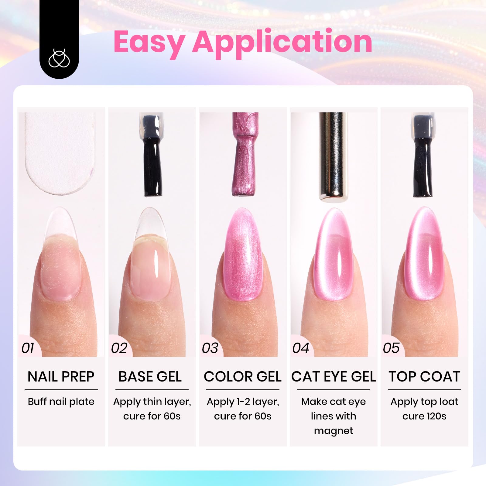 Beetles Cat Eye Gel Nail Polish Set – 6 Rainbow Colors with Magnetic Effect | Soak Off UV Gel