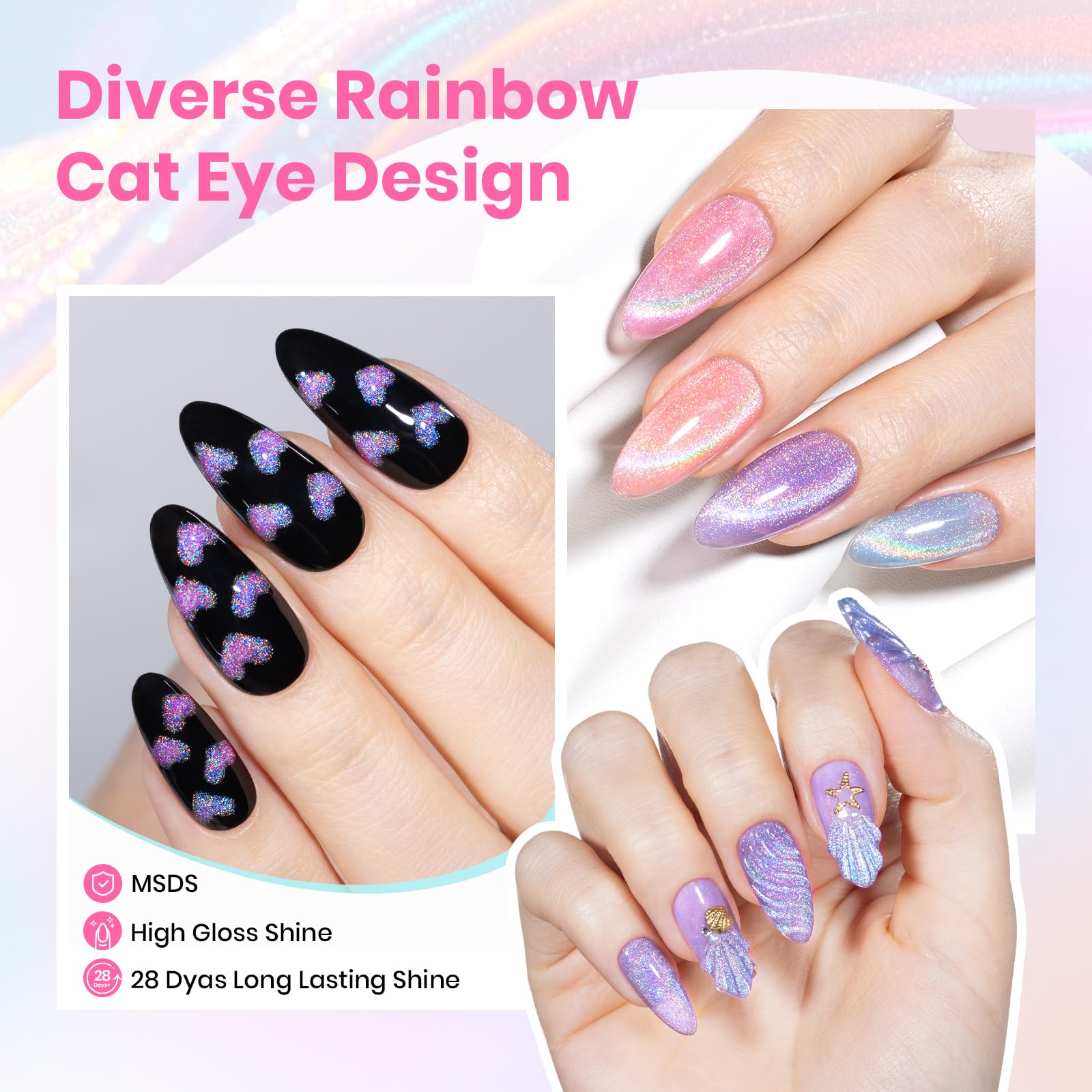 Beetles Cat Eye Gel Nail Polish Set – 6 Rainbow Colors with Magnetic Effect | Soak Off UV Gel
