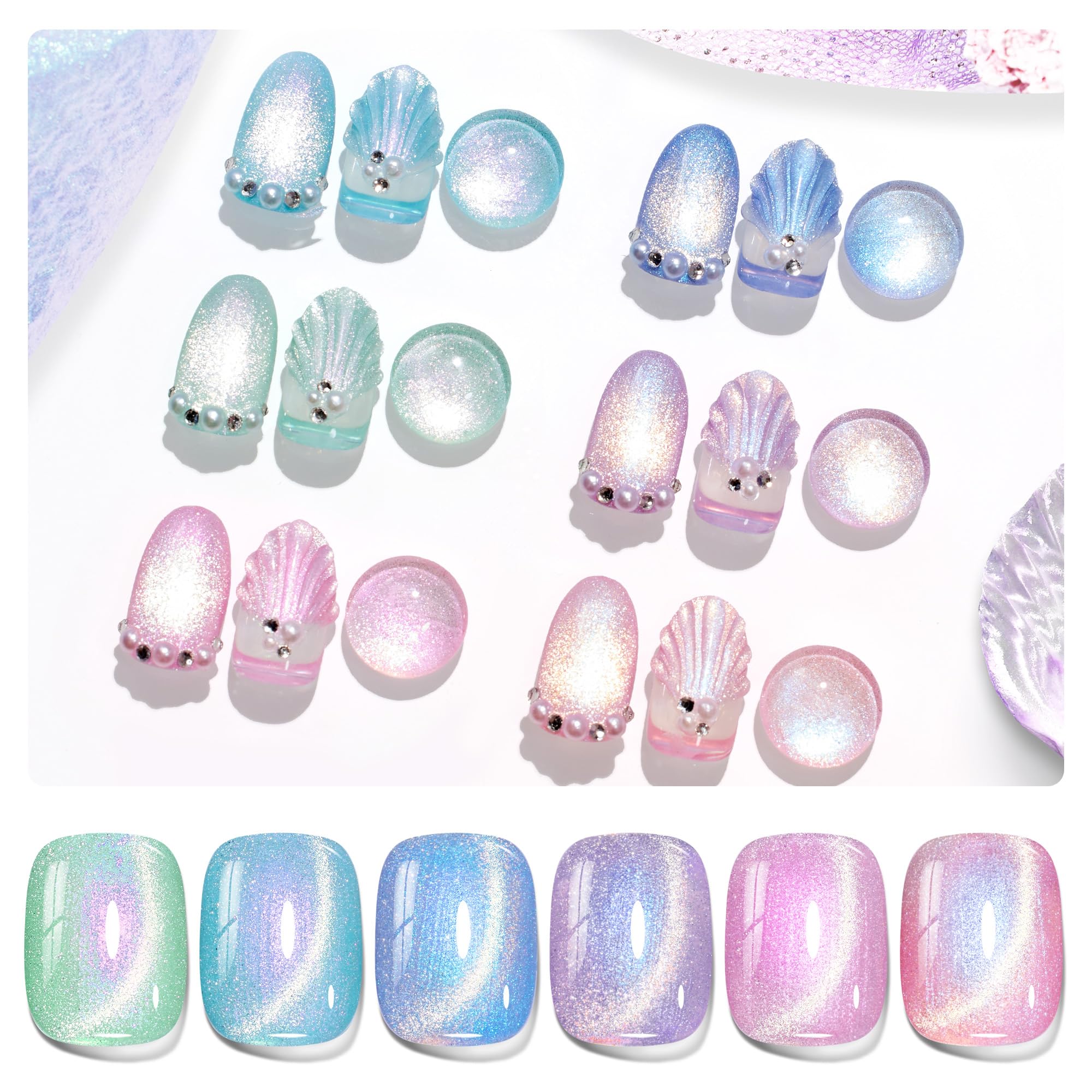 Beetles Cat Eye Gel Nail Polish Set - 6 Colors Summer Chameleon Collection | Magnetic Soak-Off UV Gel
