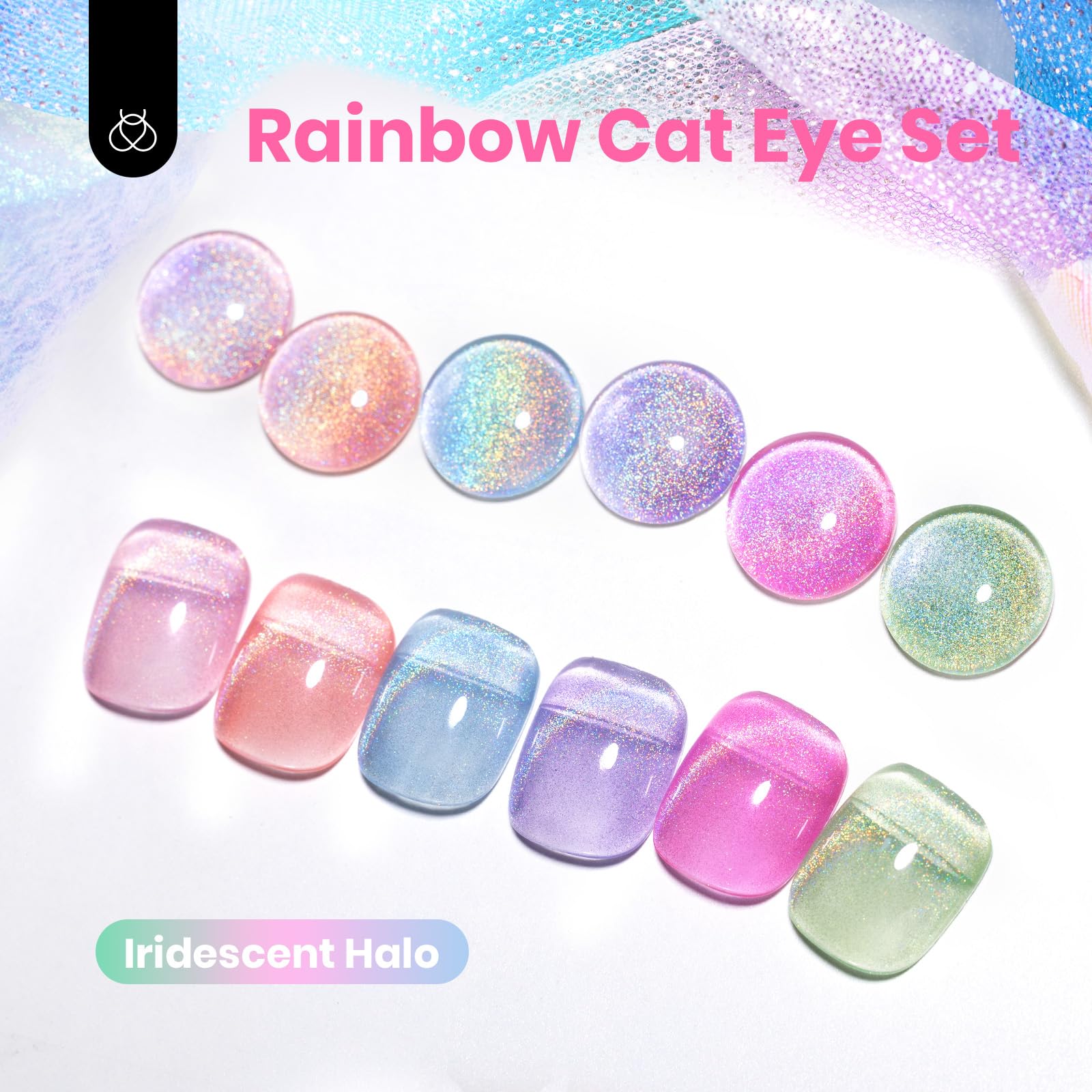 Beetles Cat Eye Gel Nail Polish Set – 6 Rainbow Colors with Magnetic Effect | Soak Off UV Gel