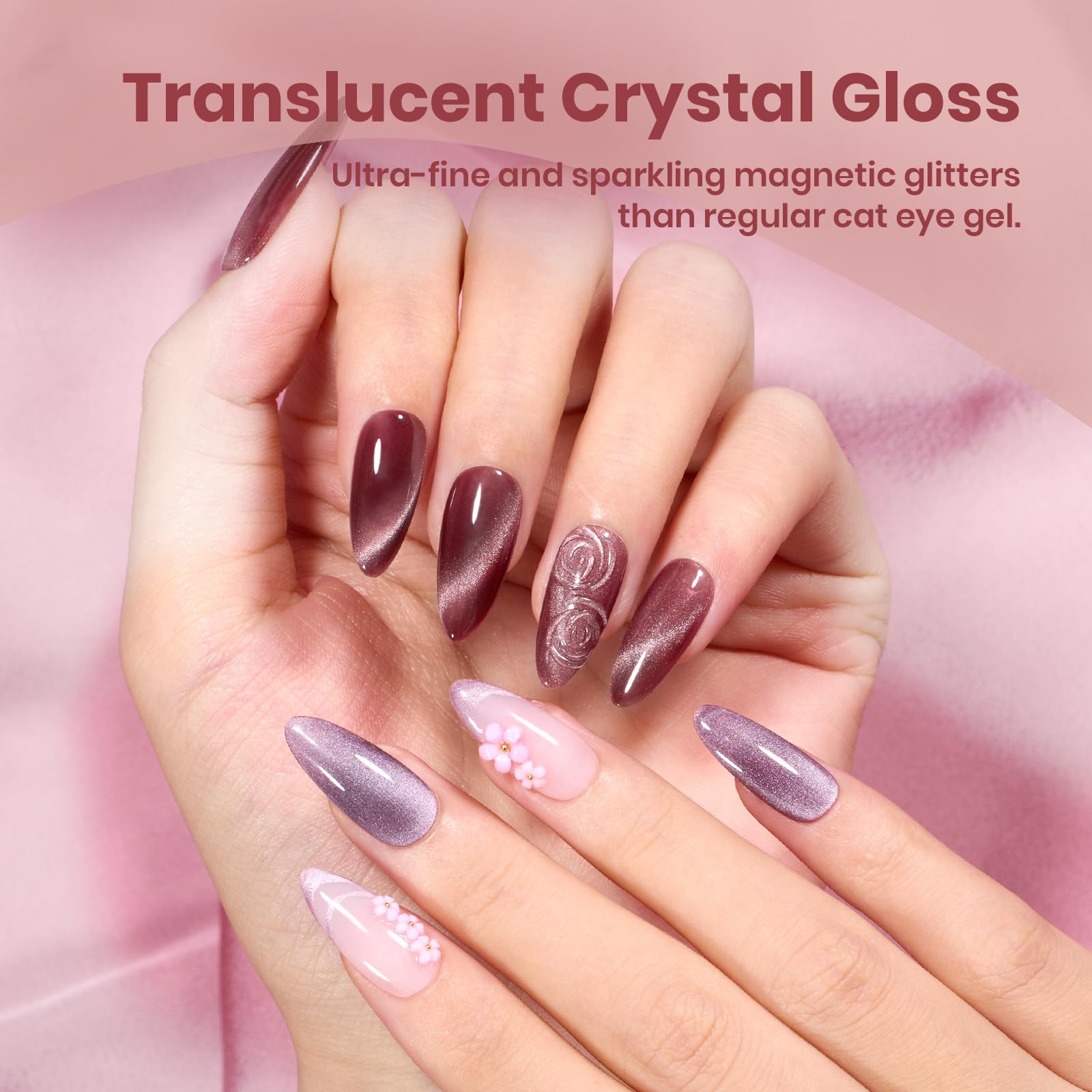 Beetles Cat Eye Gel Polish Nail Set – 6 Colors, Magnetic Cat Eye Kit, Rose Fall Collection