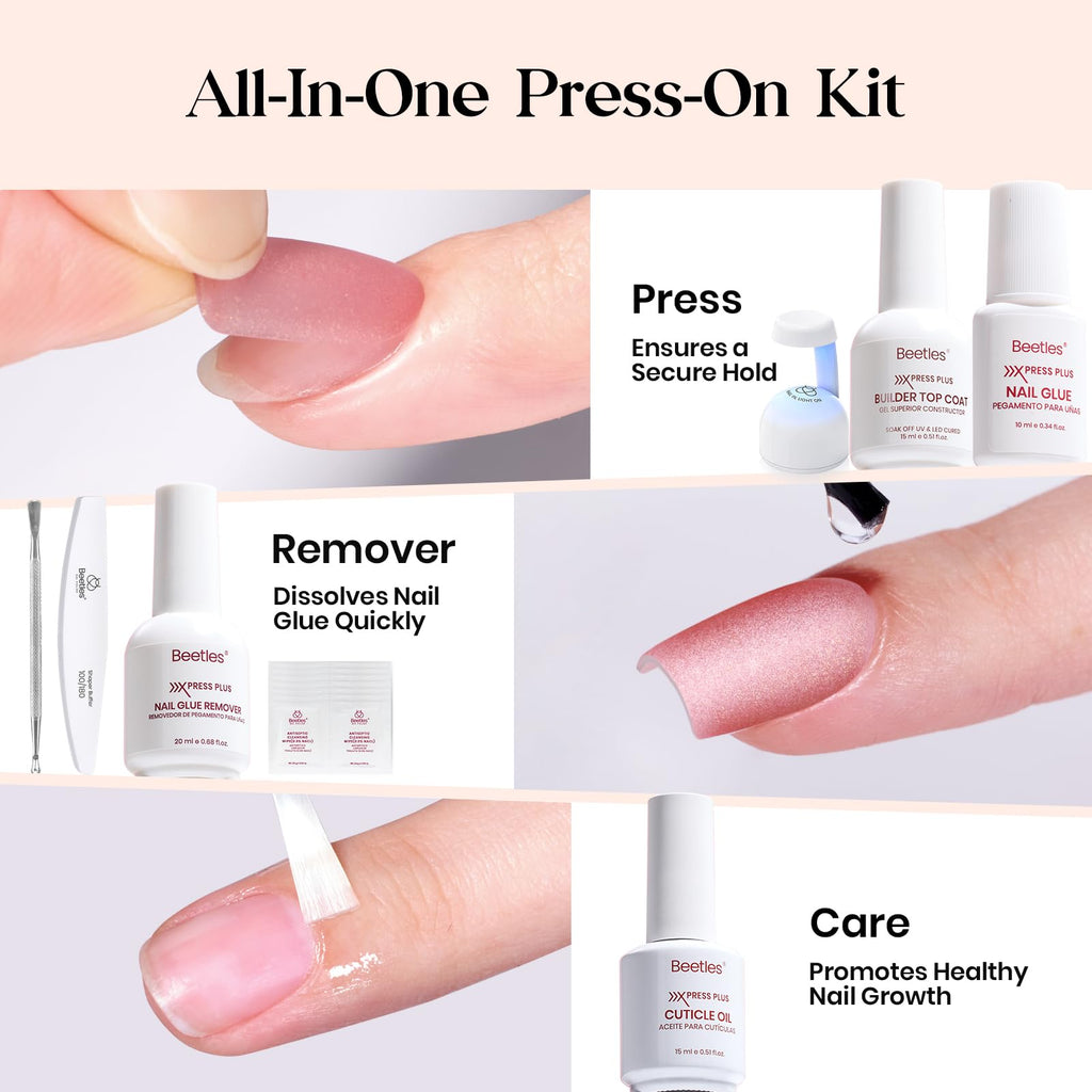 Beetles X Press Cat Eye Nails Kit - 7 Colors Nude Cat Eye Press On Nails Medium Almond | 224Pcs 16 Sizes All-in-One Kit With Nail Glue, Remover, Builder Top Coat, Nail Lamp