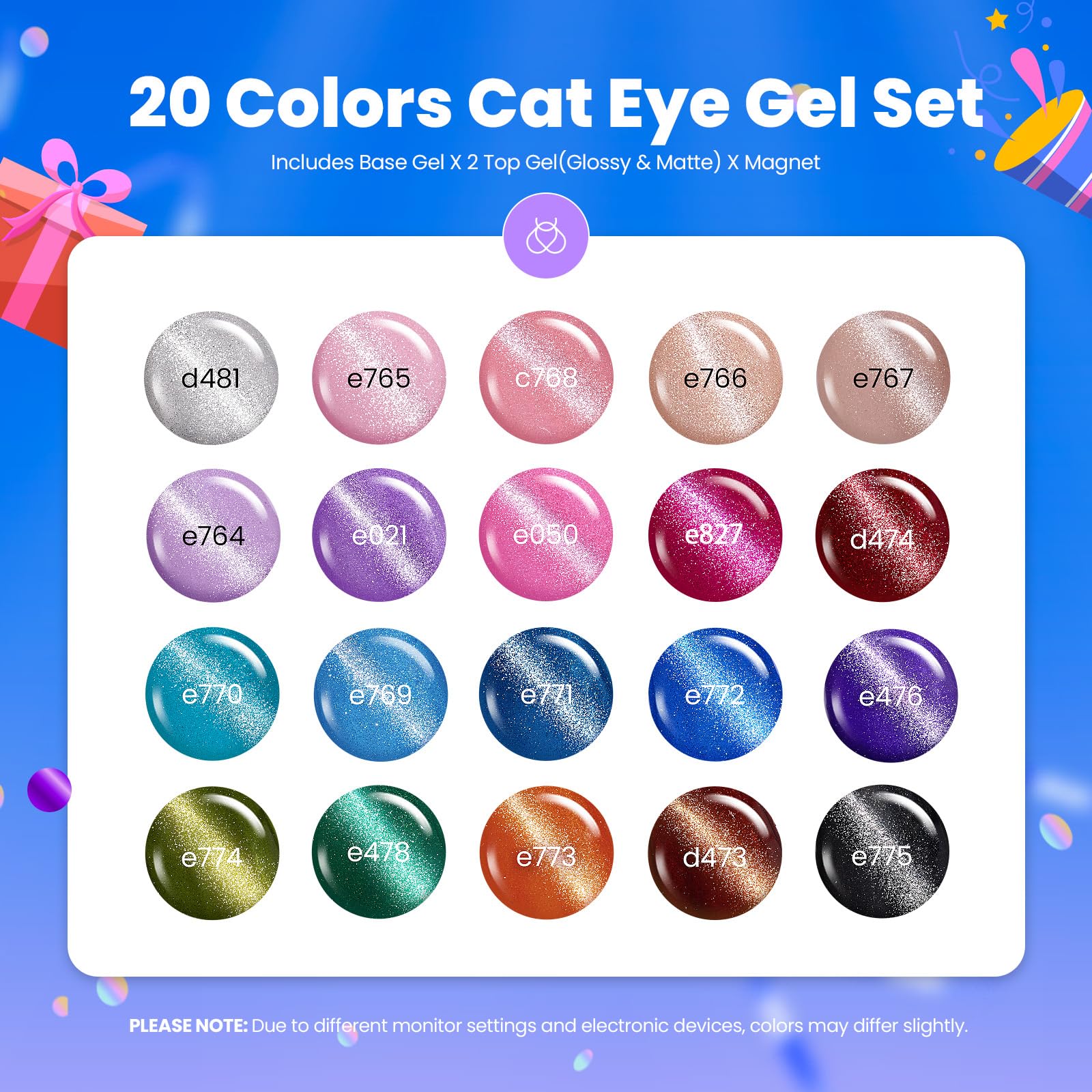 Beetles Cat Eye Gel Nail Polish Set — 20 Colors with Magnet, Base Coat, Matte & Gloss Top Coats
