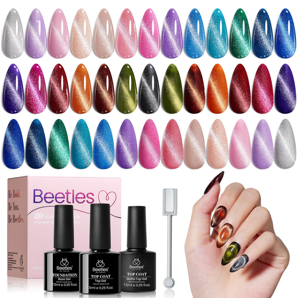 Beetles Cat Eye Gel Nail Polish Set — 20 Colors with Magnet, Base Coat, Matte & Gloss Top Coats