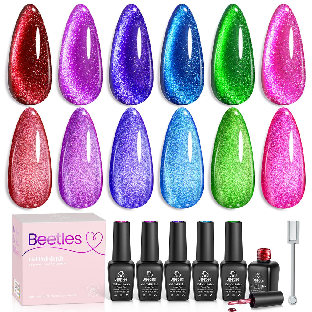Beetles Cat Eye Gel Nail Polish Kit – 6 Colors with Magnet Velvet Effect