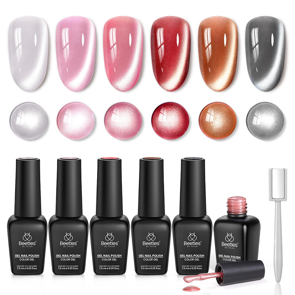 Beetles Cat Eye Gel Nail Polish Set – Porcelain Glow, 6 Colors + Magnetic Effect