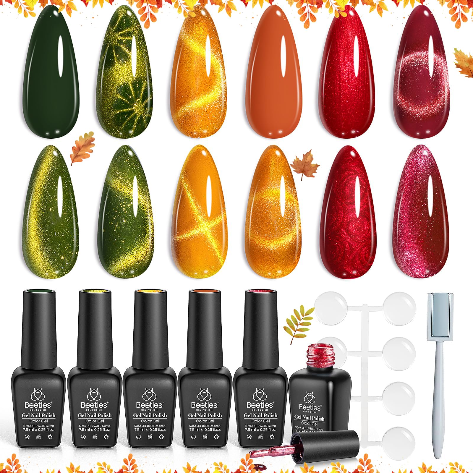 Beetles Cat Eye Gel Nail Polish Set — 6 Colors with Magnetic Kit (Soak-Off, LED)