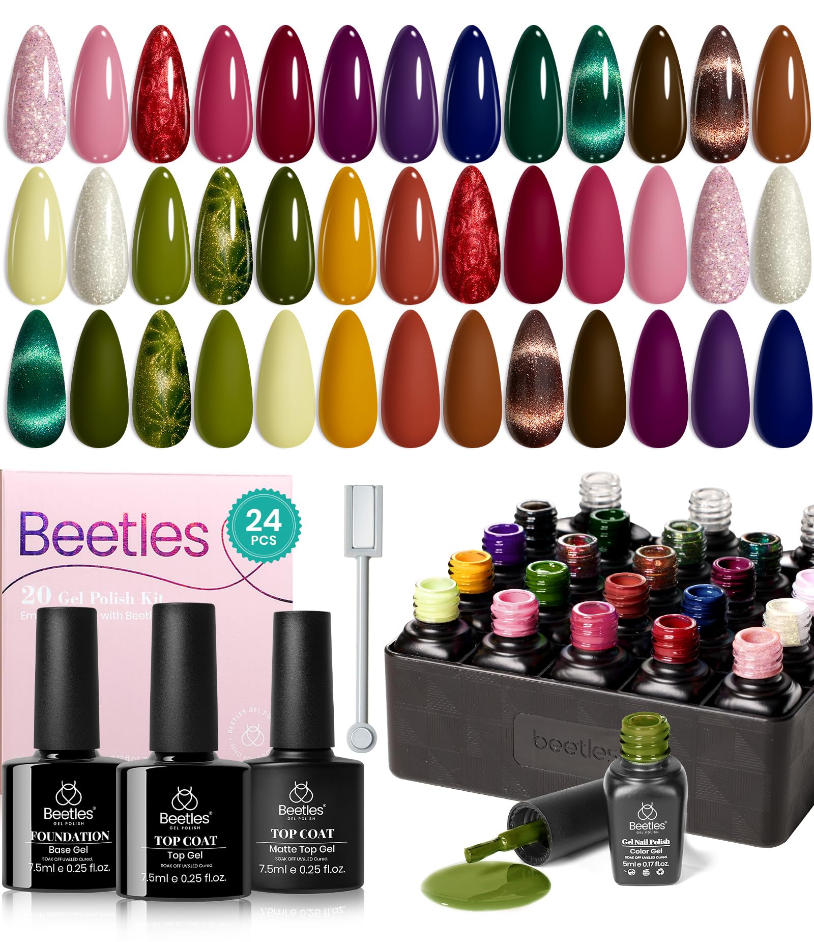 Beetles Cat Eye Gel Nail Polish Set – 20 Colors with Base & Top Coats