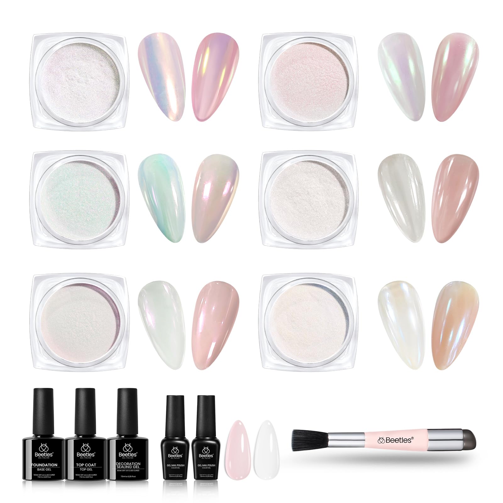Beetles Chrome Nail Powder Aurora Pearl Kit — 6 Colors + Base & Top Gel