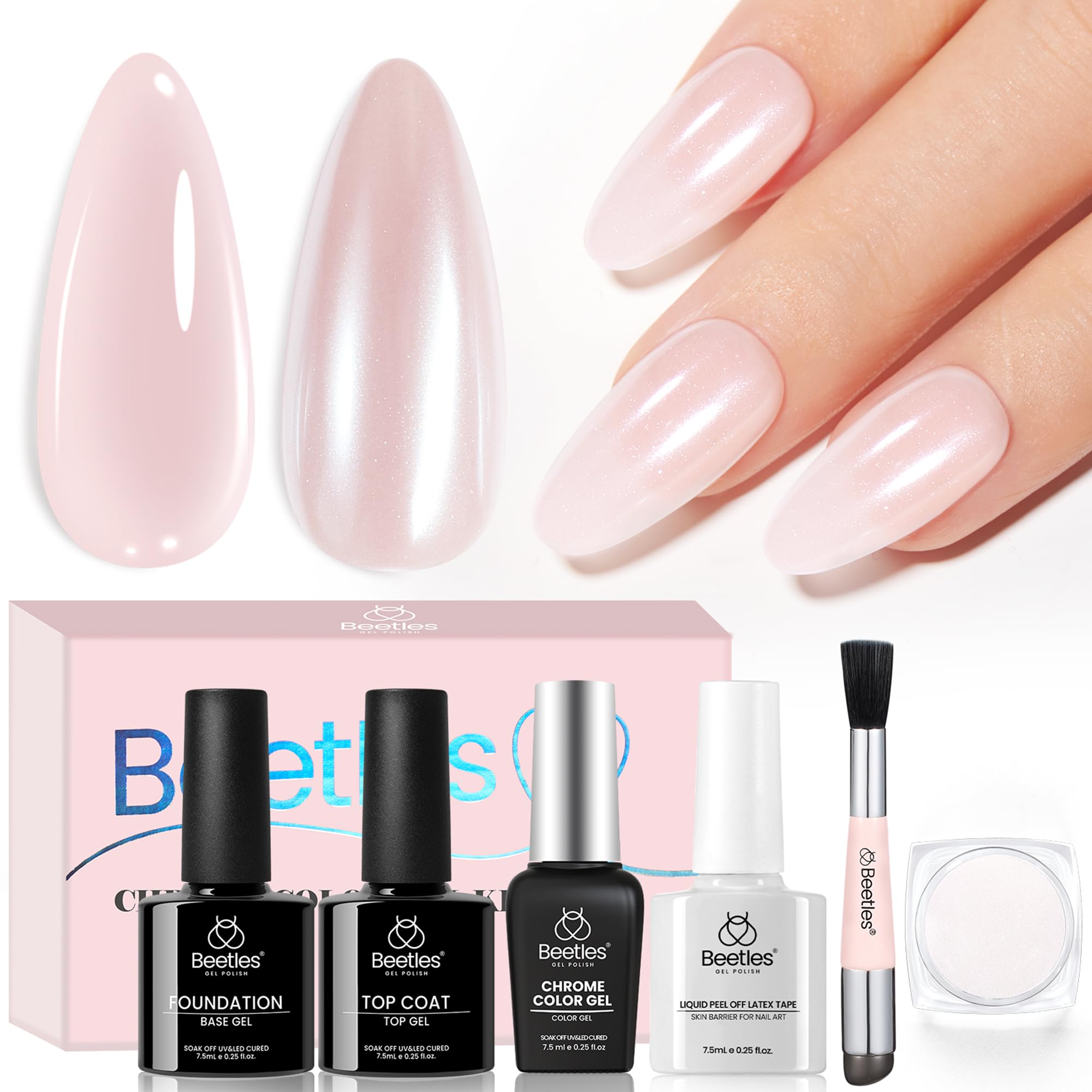 Beetles Chrome Nail Powder Gel Polish Kit – Pearl Glazed Donut Mirror Finish with Base & Top Coat