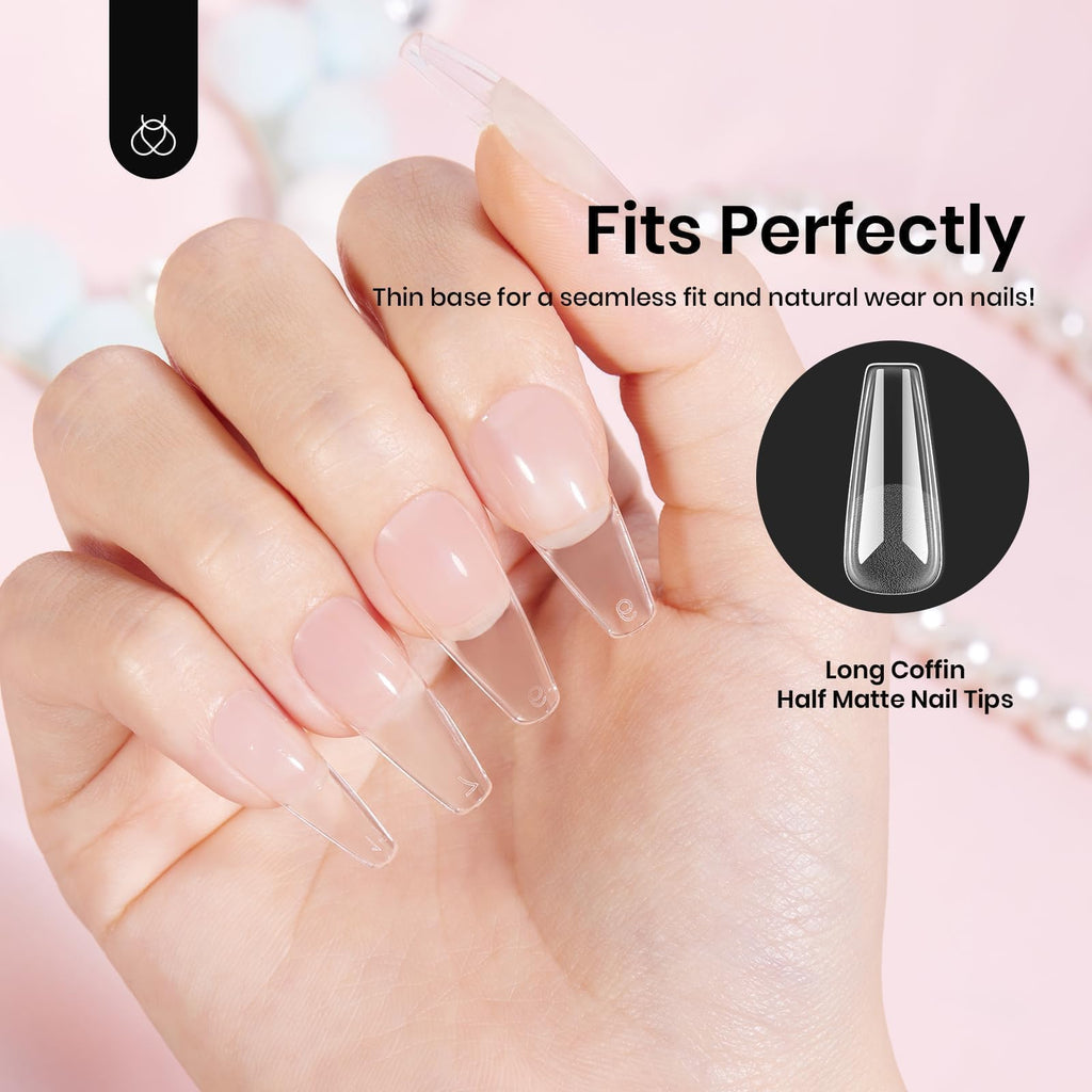 Beetles Coffin Long Gel Nail Tips – Pre-Etched Full Cover, 288 Pieces, 12 Sizes for Press-On Extensions