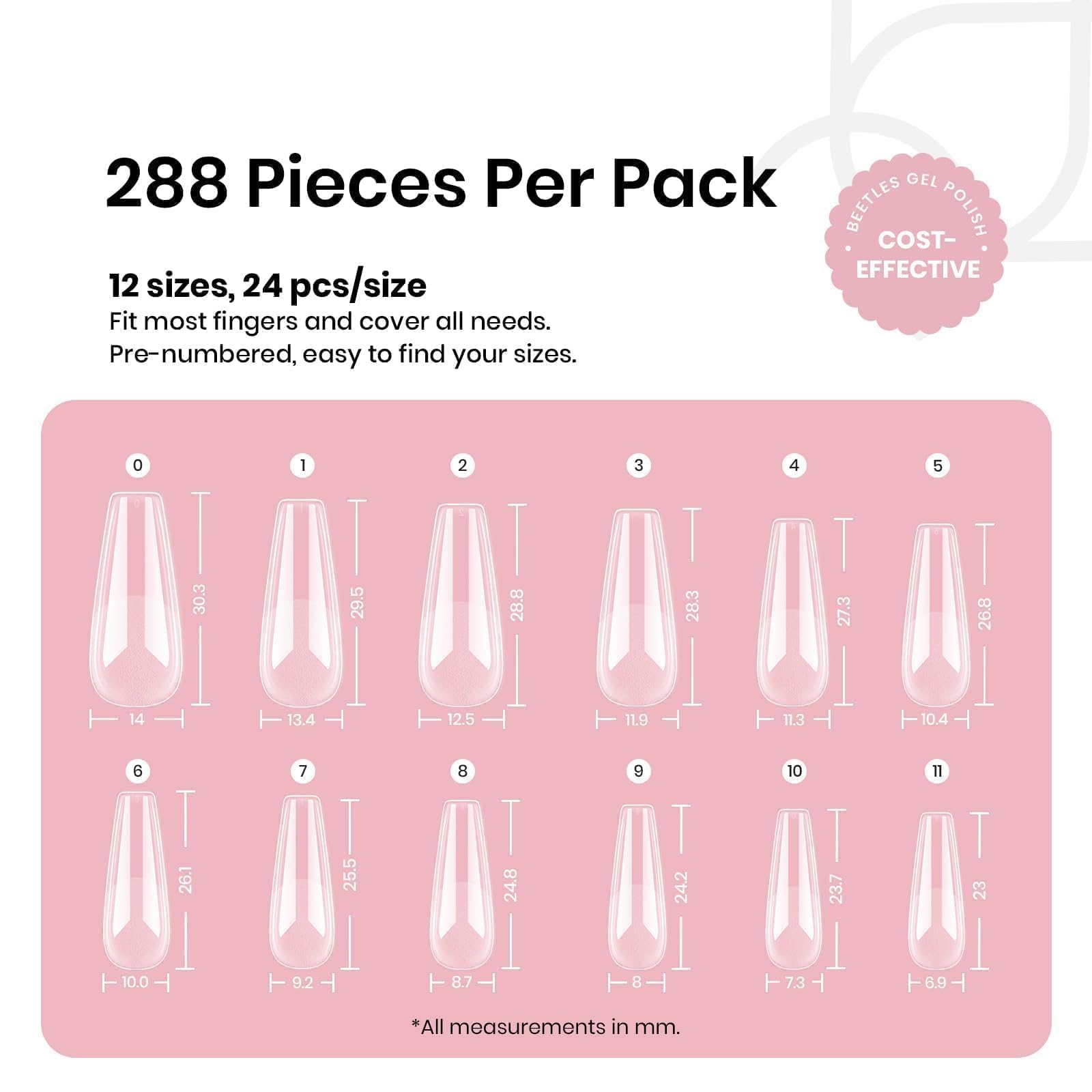 Beetles Coffin Long Gel Nail Tips – Pre-Etched Full Cover, 288 Pieces, 12 Sizes for Press-On Extensions