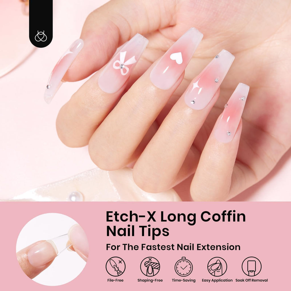 Beetles Coffin Long Gel Nail Tips – Pre-Etched Full Cover, 288 Pieces, 12 Sizes for Press-On Extensions