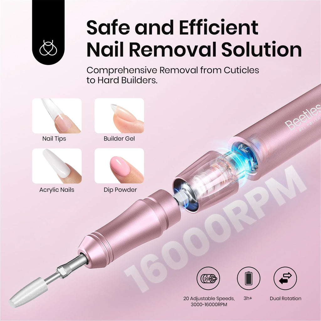 Beetles Cordless Electric Nail Drill – 20 Adjustable Speeds, Rose Gold, Long Battery Life, 5-Head E-File Kit for Home or Salon