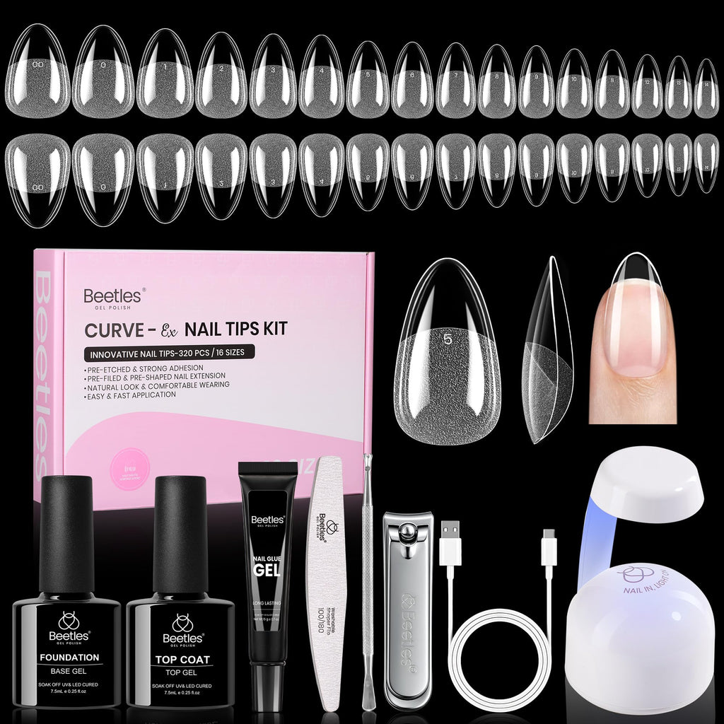 Beetles Curve-EX Almond Short Gel Nail Kit – 320 Tips, Glue Gel, Mini Lamp