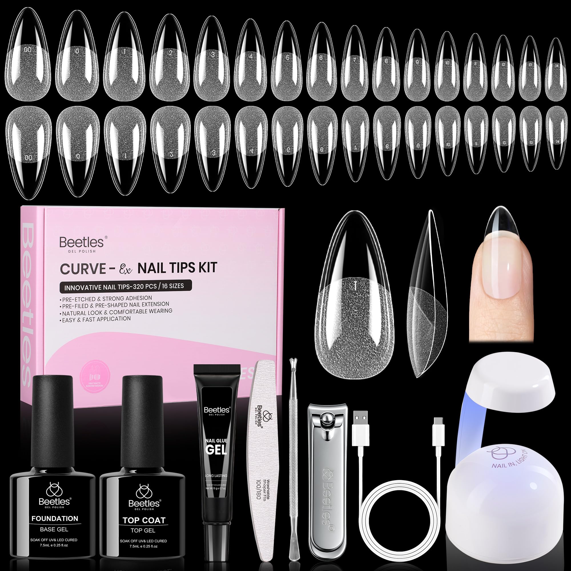 Beetles Gel Nail Kit Curve-EX Almond Tips — 320pcs, 16 Sizes, Glue Gel, Base & Top Coat, Mini Lamp