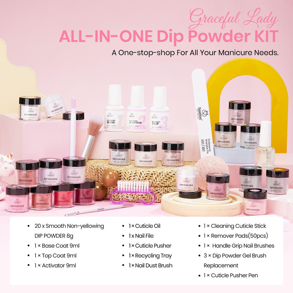 Beetles 36Pcs Dip Powder Nail Kit Starter – 20 Colors Nude Pink Gray Glitter Burgundy, Base Top Activator, Tools